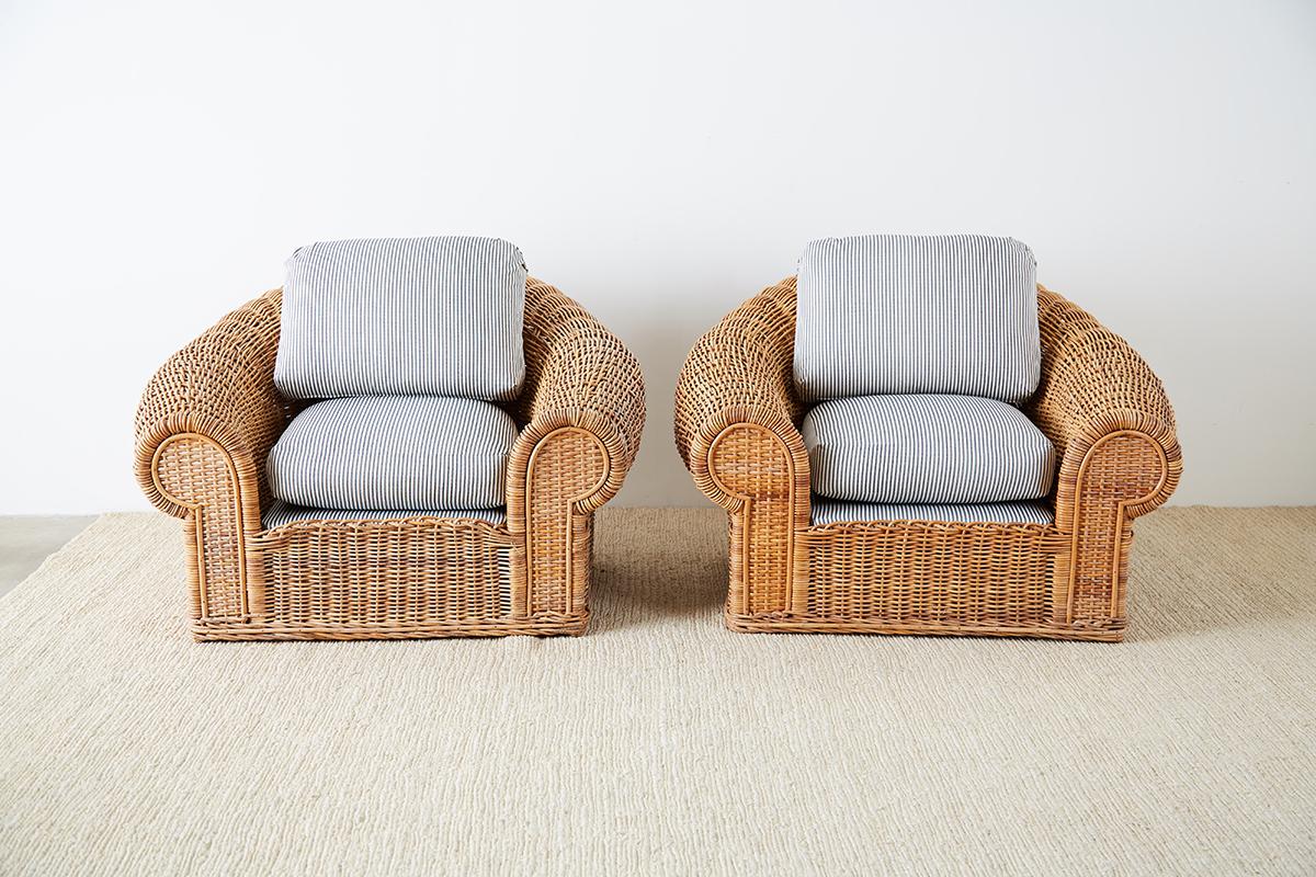 Michael Taylor Style Wicker Lounge Chairs with Ottoman In Good Condition In Rio Vista, CA