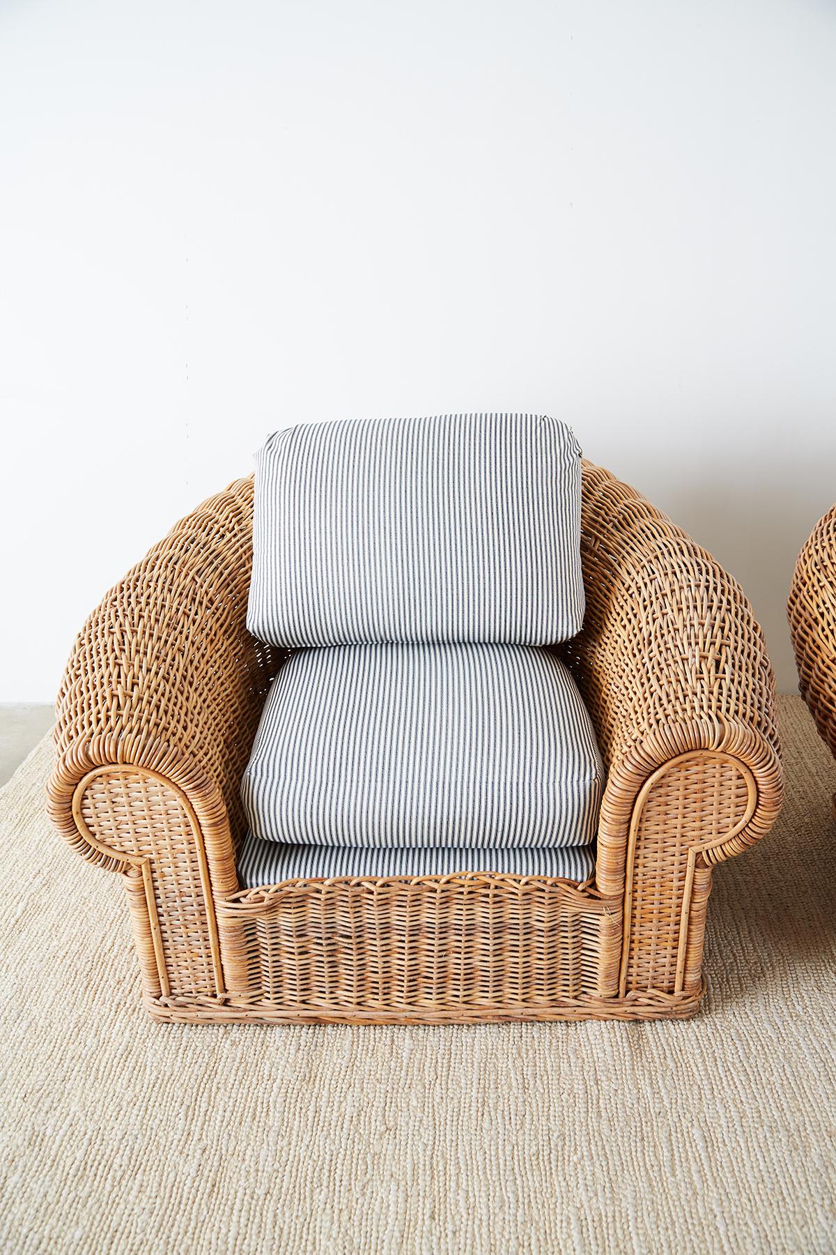 20th Century Michael Taylor Style Wicker Lounge Chairs with Ottoman