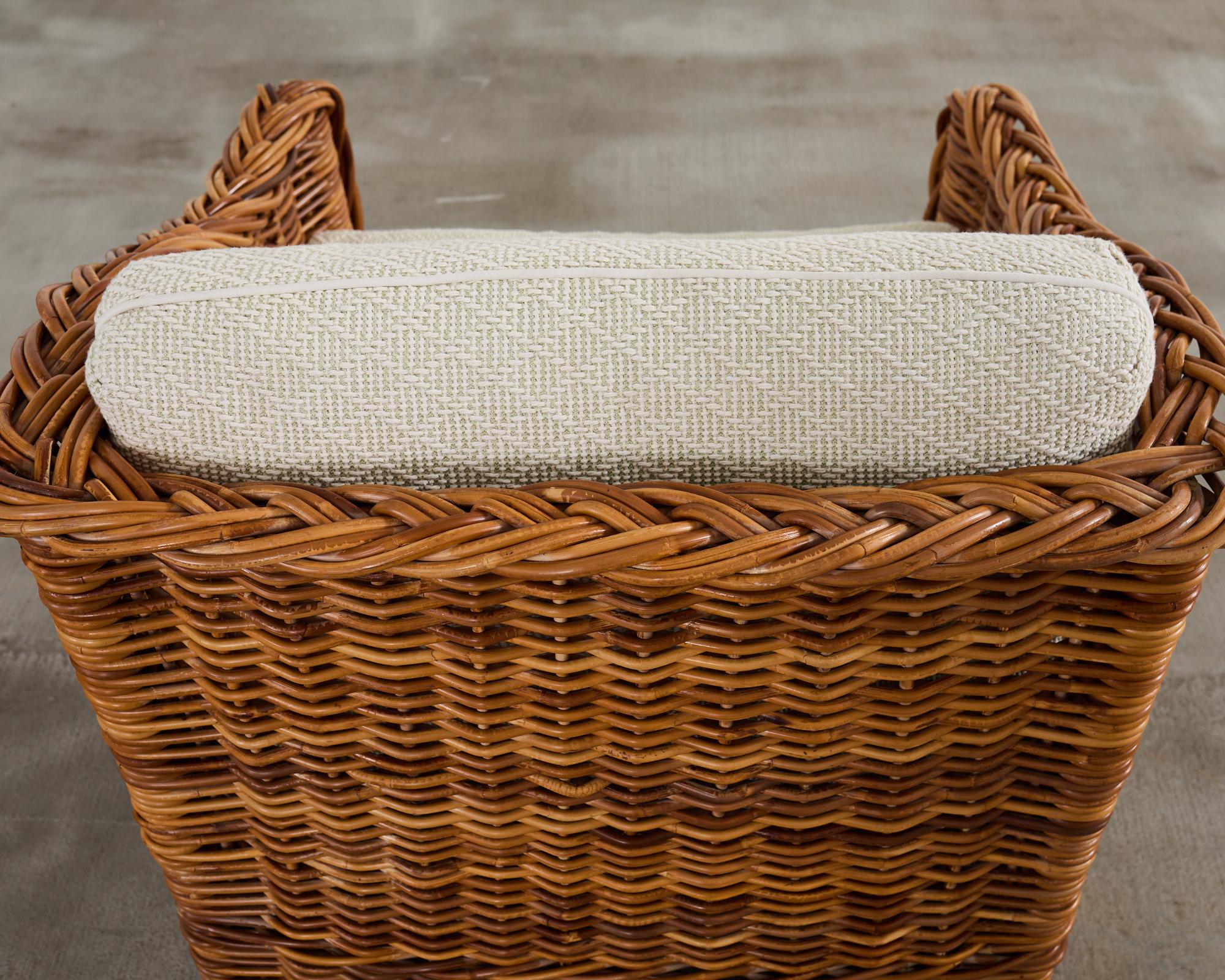 Michael Taylor Style Wicker Rattan Armchair in Scalamandre For Sale 6