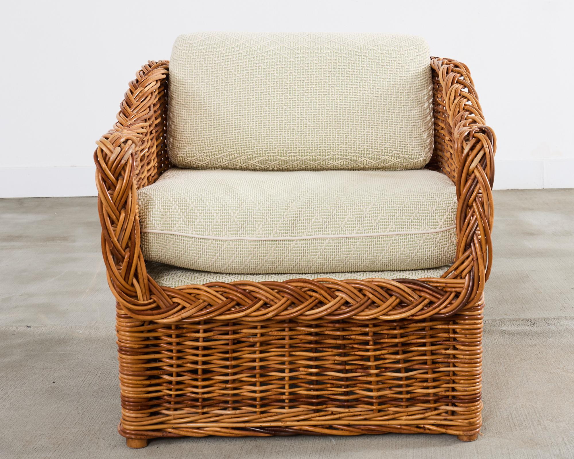 Organic Modern Michael Taylor Style Wicker Rattan Armchair in Scalamandre For Sale