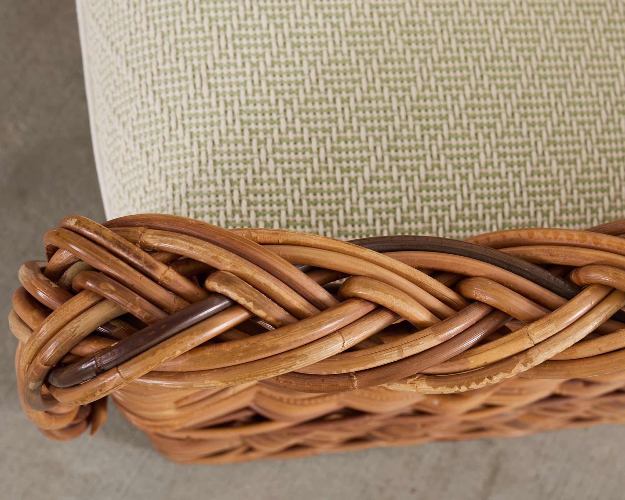 20th Century Michael Taylor Style Wicker Rattan Armchair in Scalamandre For Sale