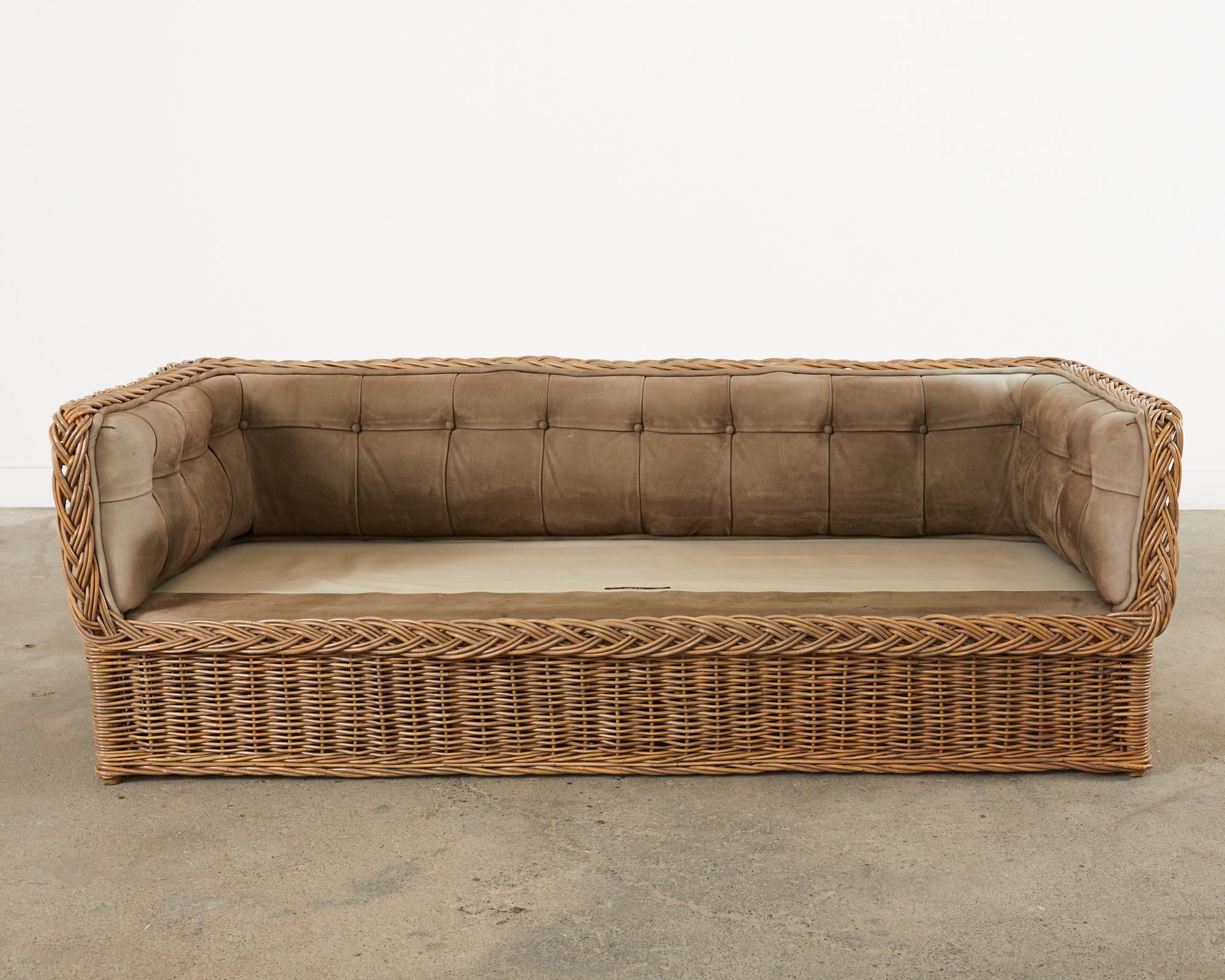 Leather Michael Taylor Style Wicker Rattan Daybed Sofa by Wicker Works