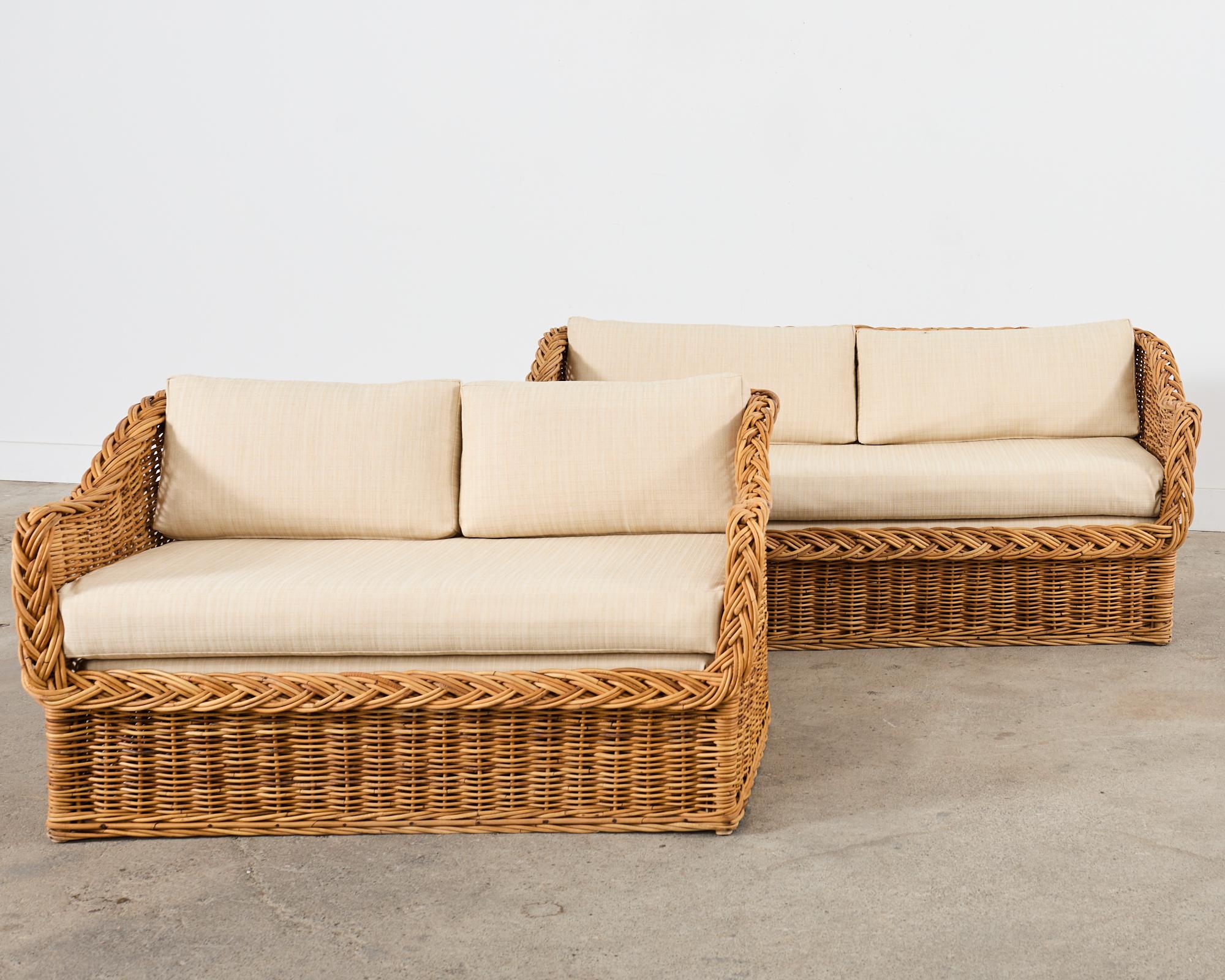 Organic Modern Michael Taylor Style Wicker Rattan Sofa and Settee by Wicker Works For Sale