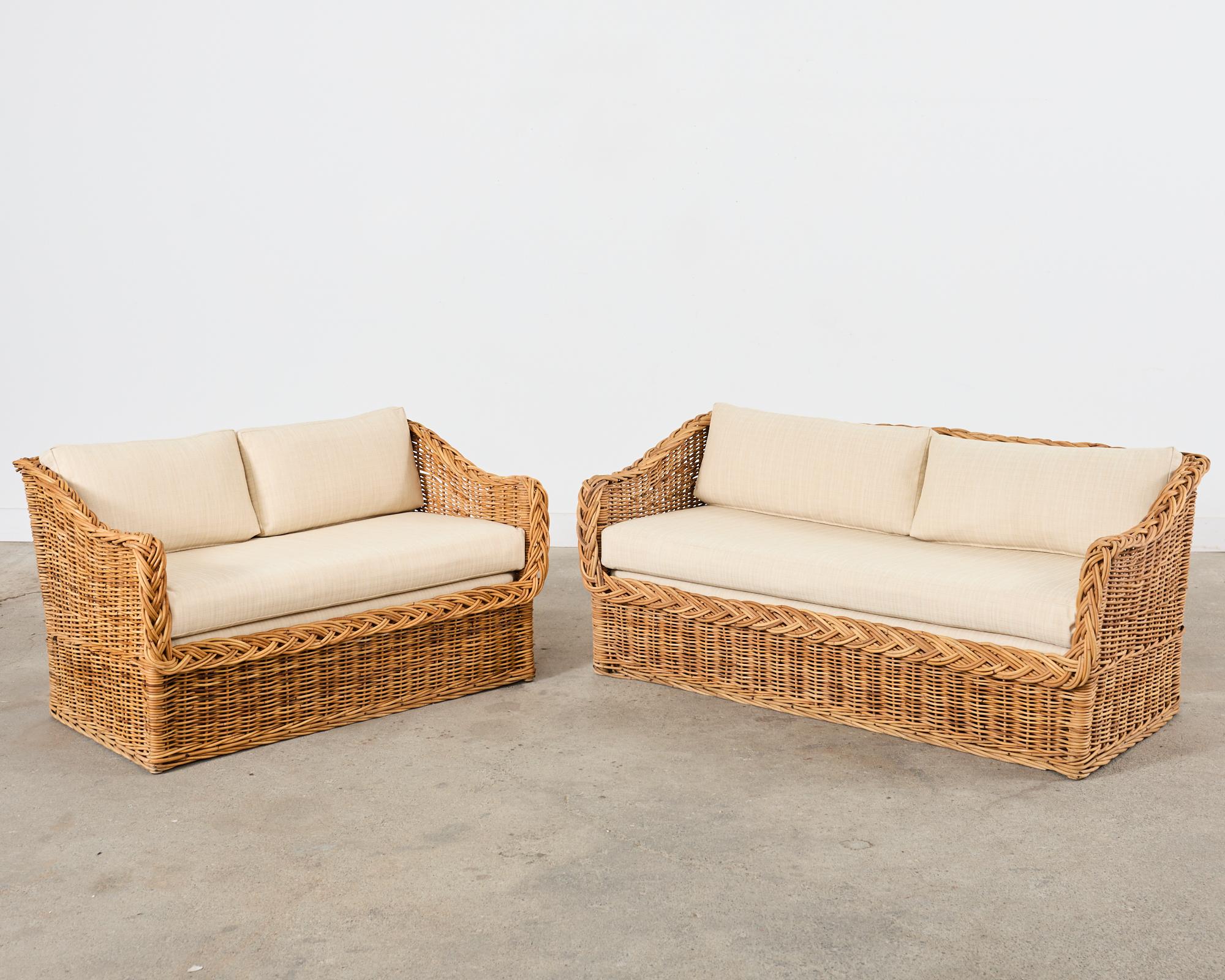 Italian Michael Taylor Style Wicker Rattan Sofa and Settee by Wicker Works For Sale