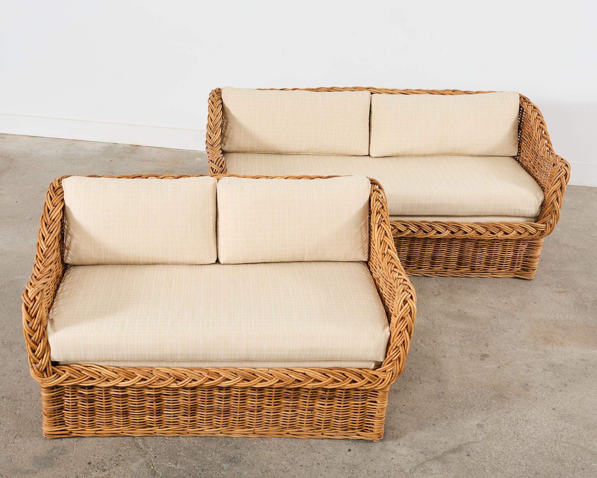 Woven Michael Taylor Style Wicker Rattan Sofa and Settee by Wicker Works For Sale