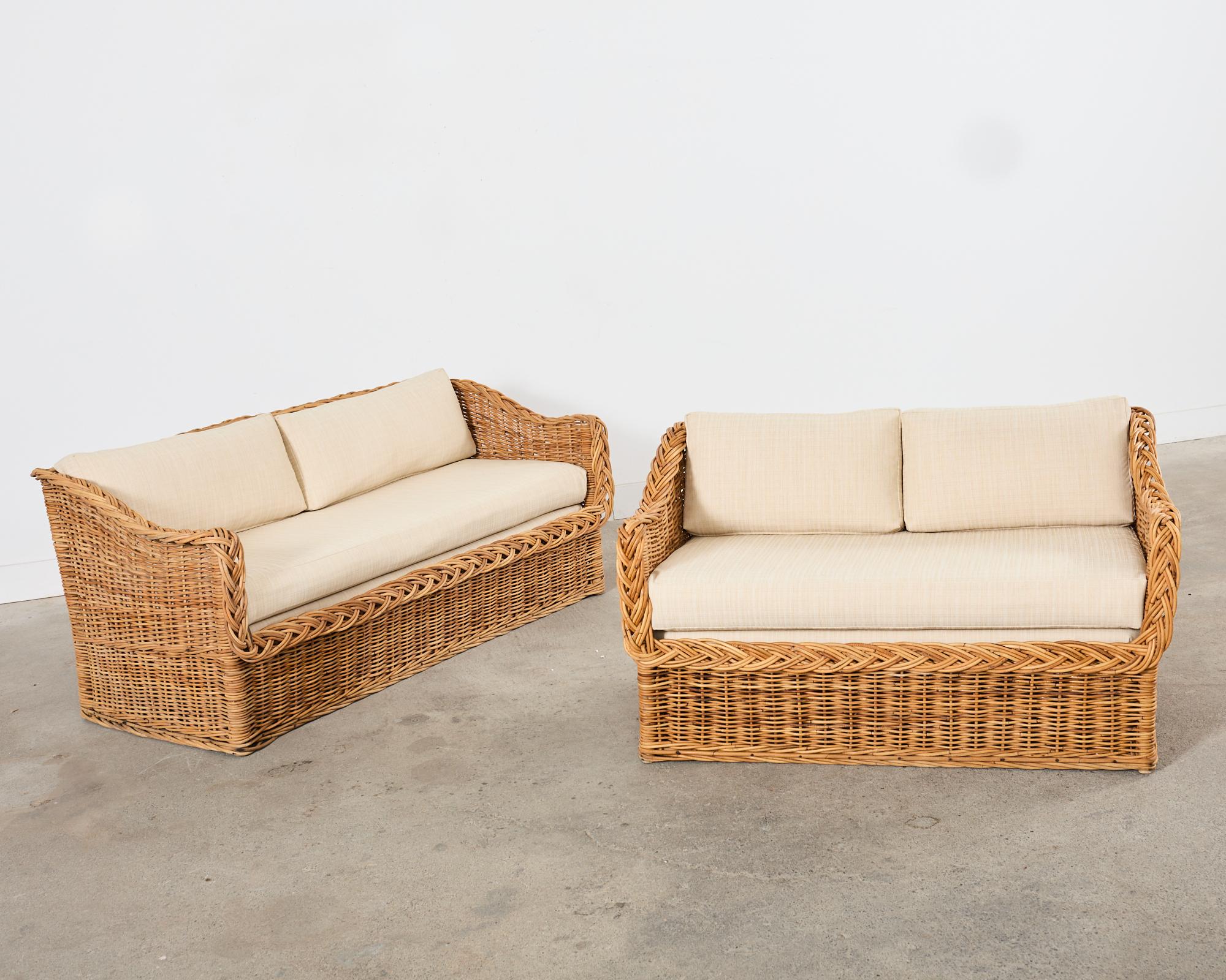 Michael Taylor Style Wicker Rattan Sofa and Settee by Wicker Works In Good Condition For Sale In Rio Vista, CA
