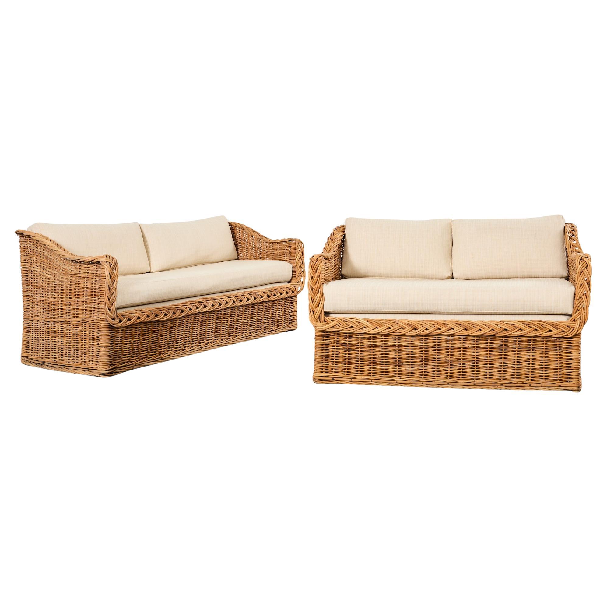 Michael Taylor Style Wicker Rattan Sofa and Settee by Wicker Works For Sale