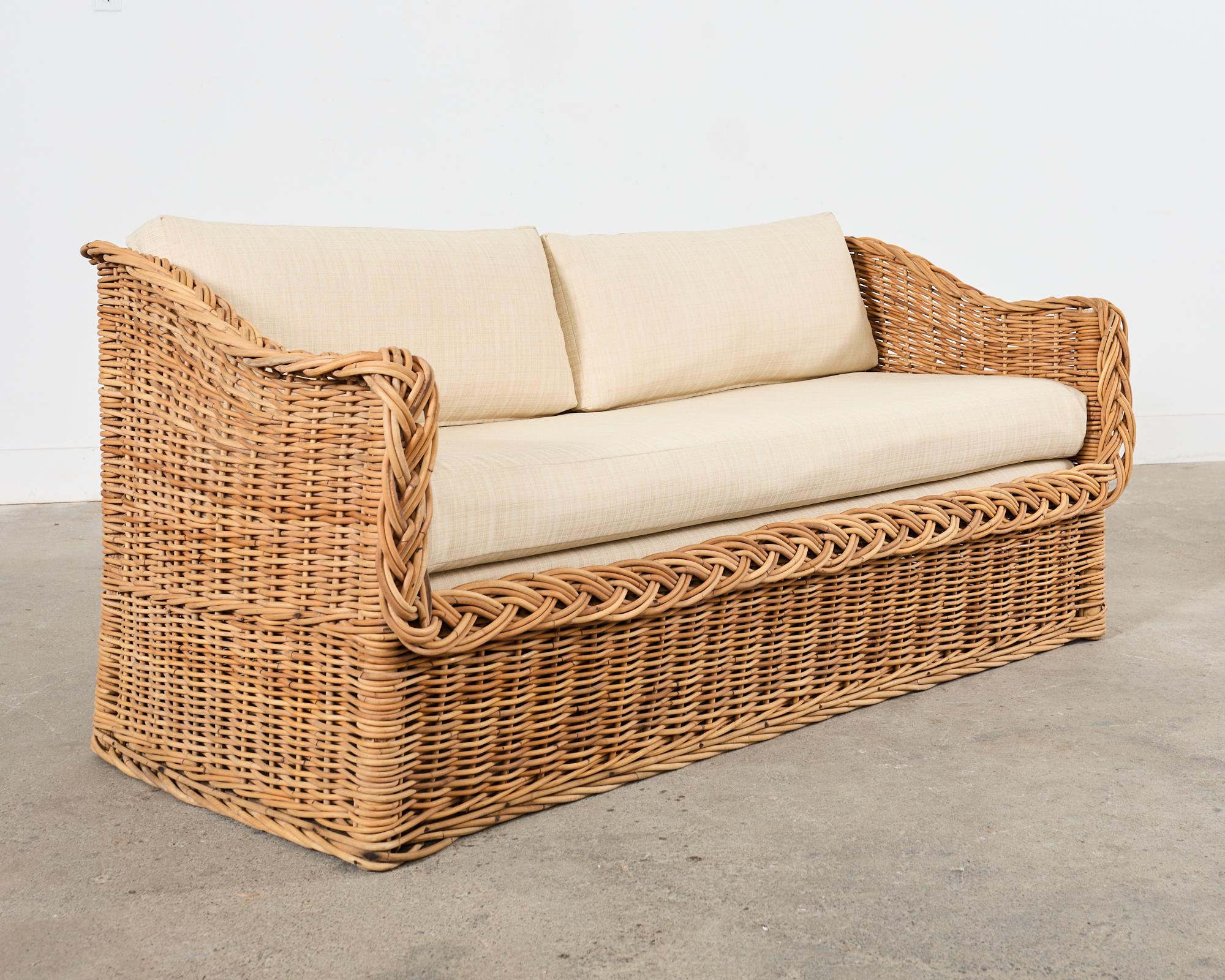 Organic Modern Michael Taylor Style Wicker Rattan Sofa by Wicker Works For Sale