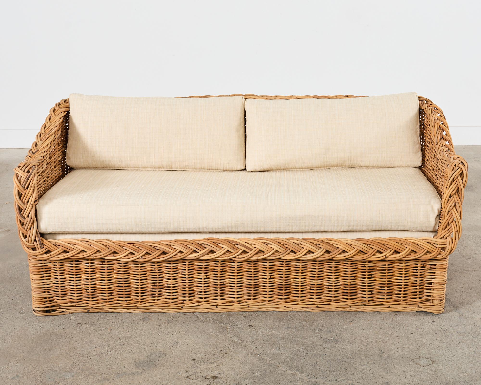 Italian Michael Taylor Style Wicker Rattan Sofa by Wicker Works For Sale