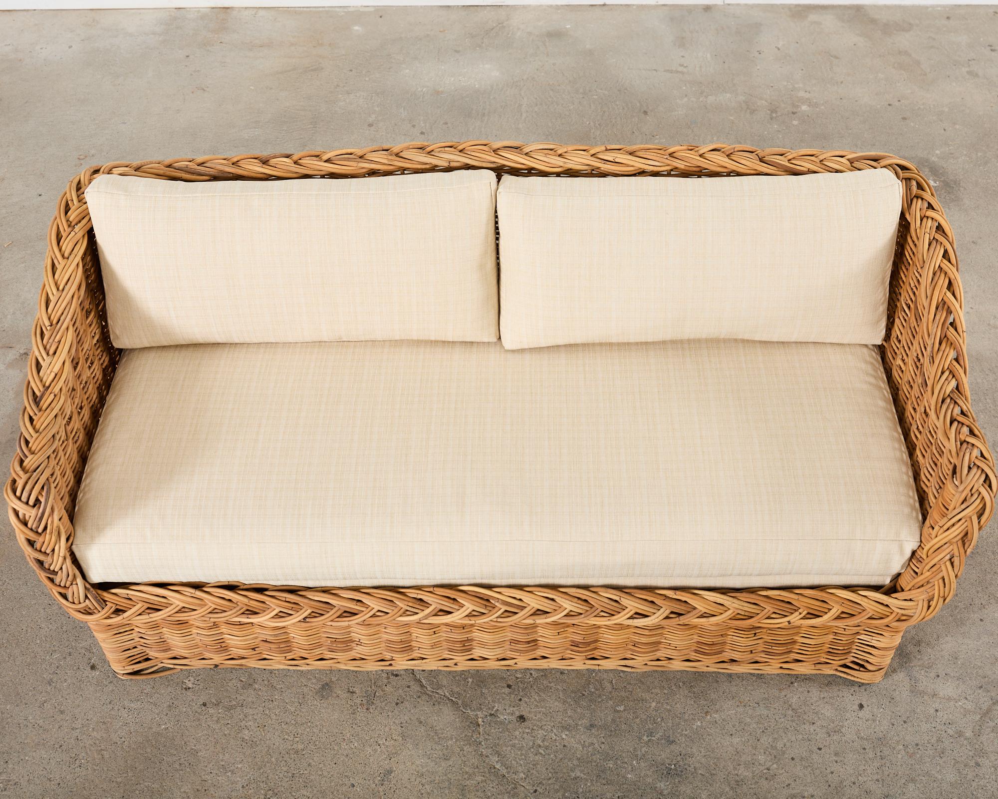 Hand-Crafted Michael Taylor Style Wicker Rattan Sofa by Wicker Works For Sale