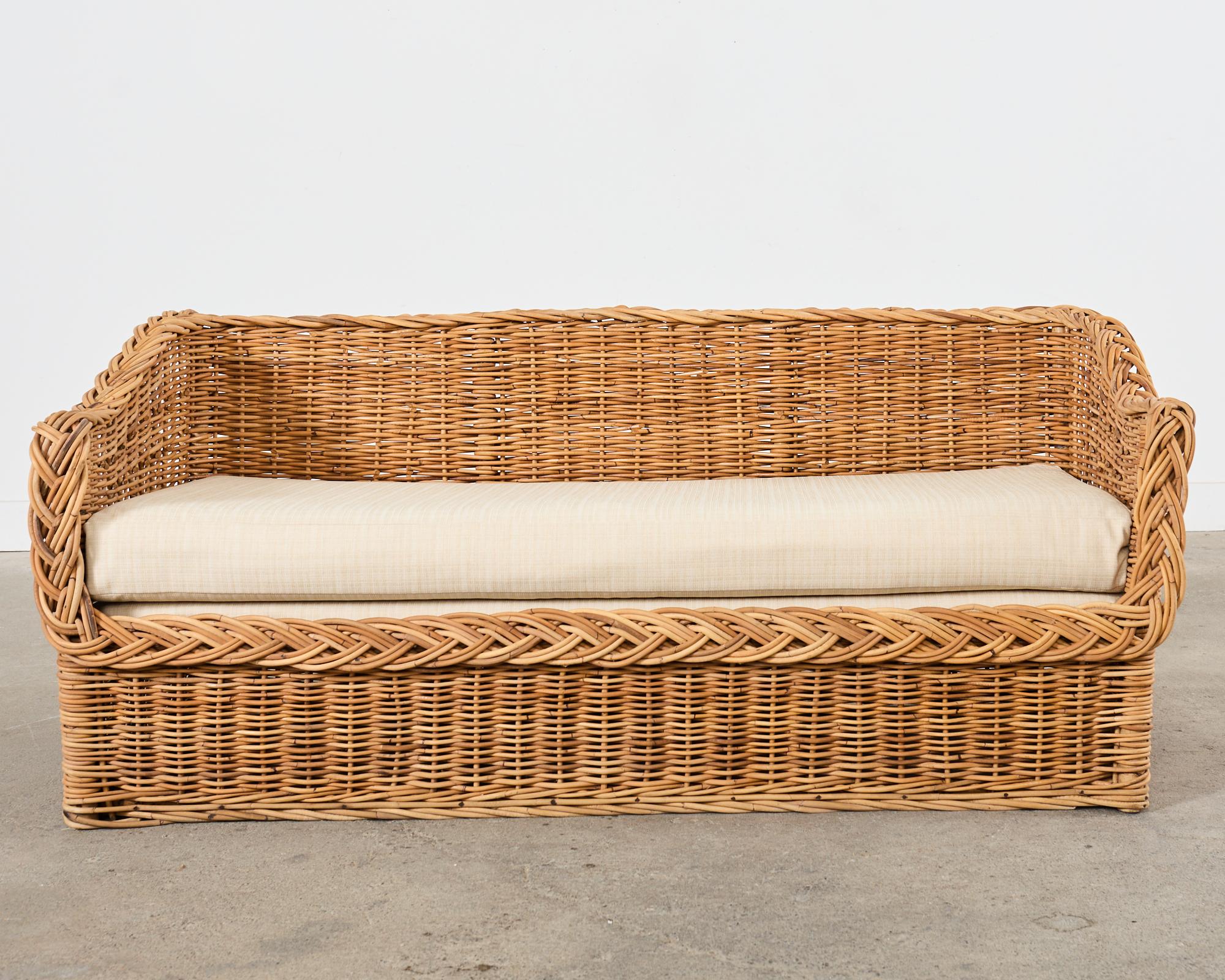 Fabric Michael Taylor Style Wicker Rattan Sofa by Wicker Works For Sale