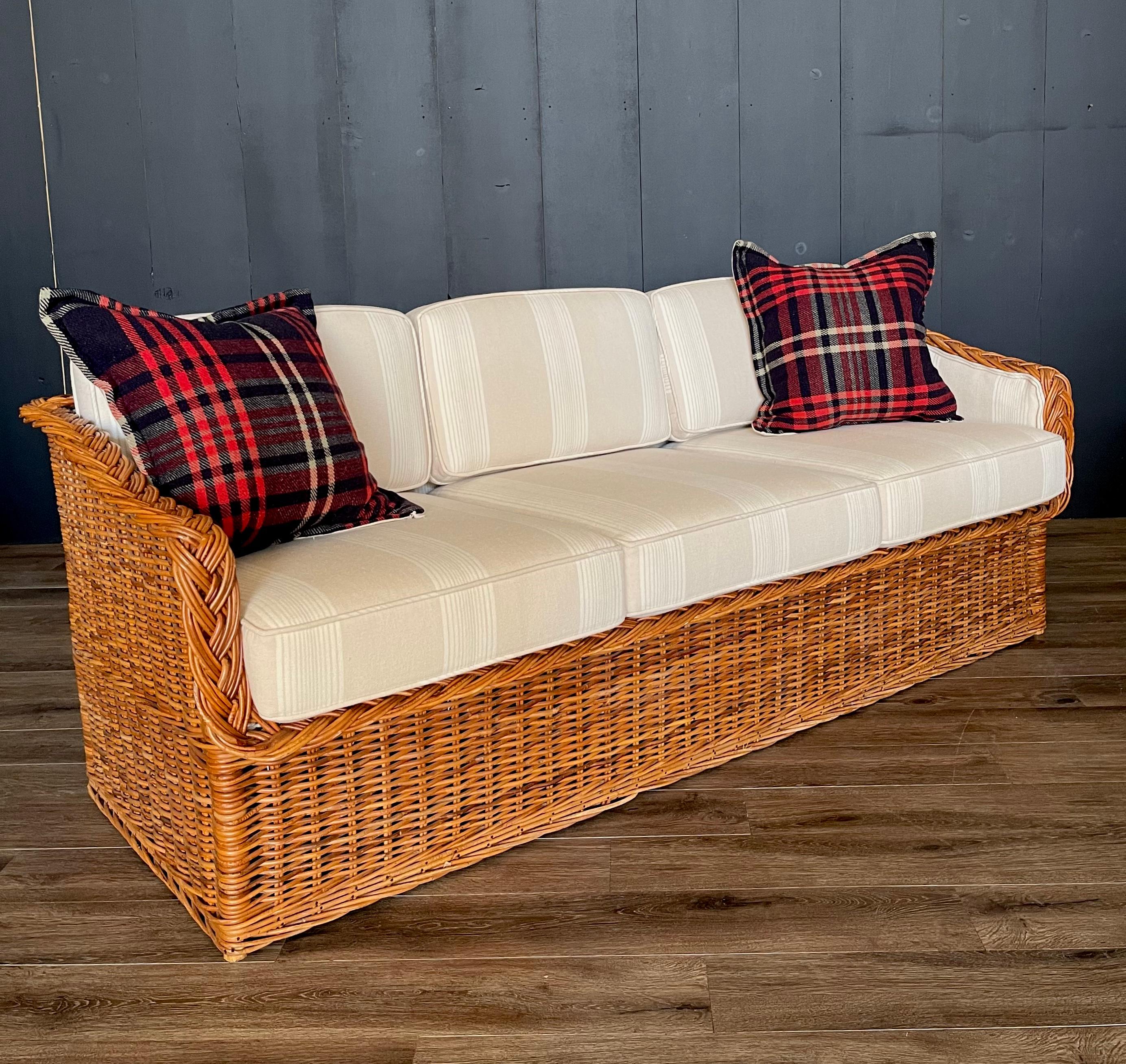 Fabric Michael Taylor Style Wicker Rattan Sofa New Performance Upholstery 