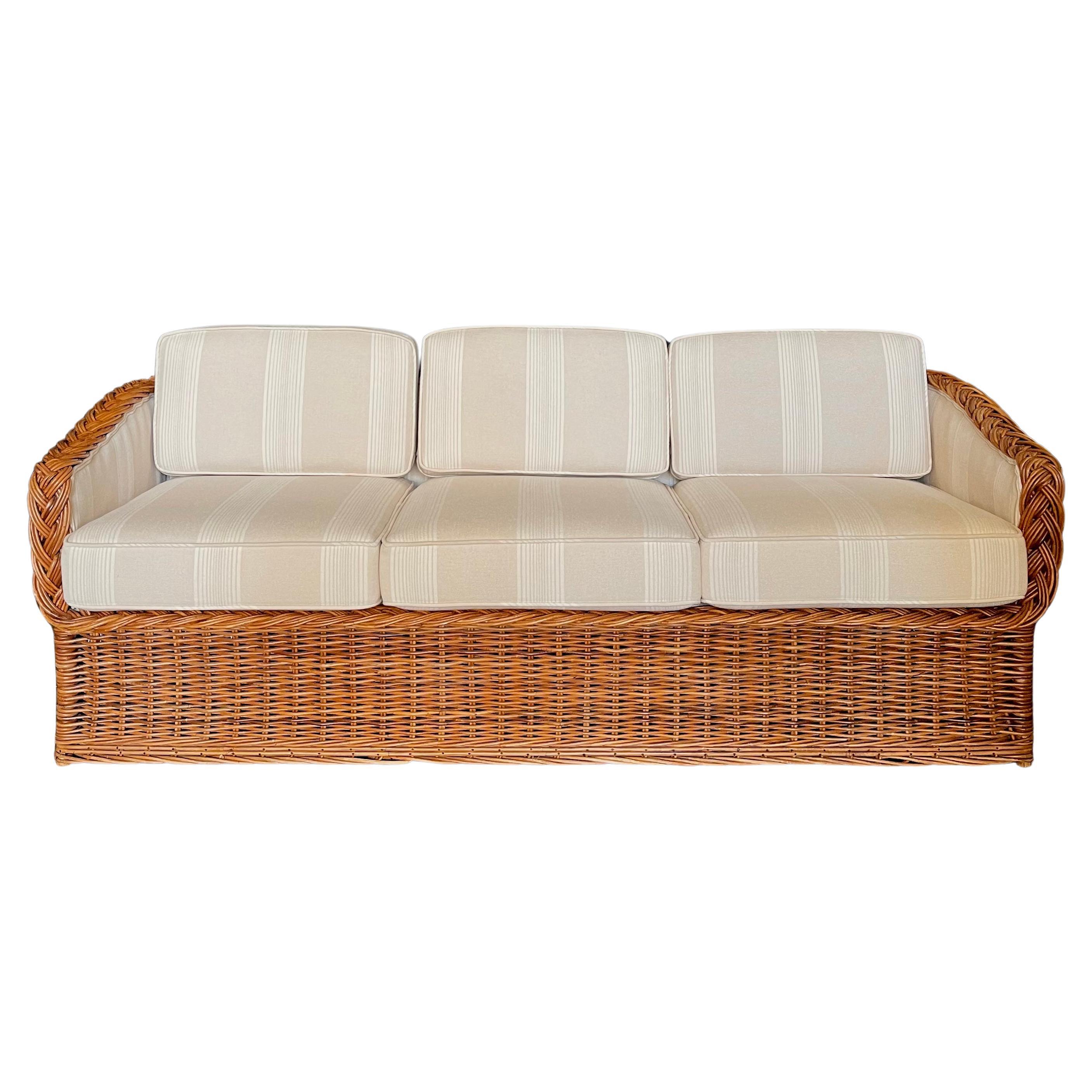 Michael Taylor Style Wicker Rattan Sofa New Performance Upholstery  For Sale
