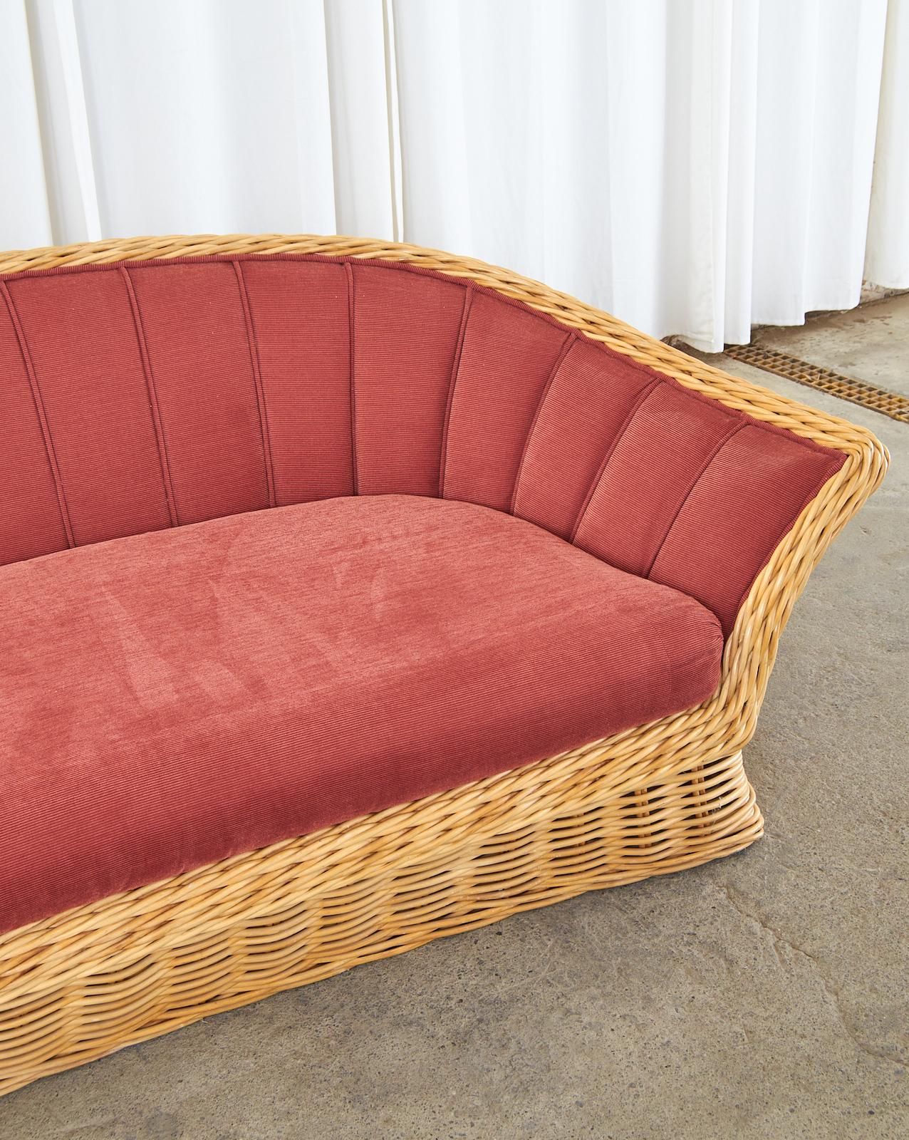 Michael Taylor Style Woven Rattan Sofa and Matching Ottomans 4