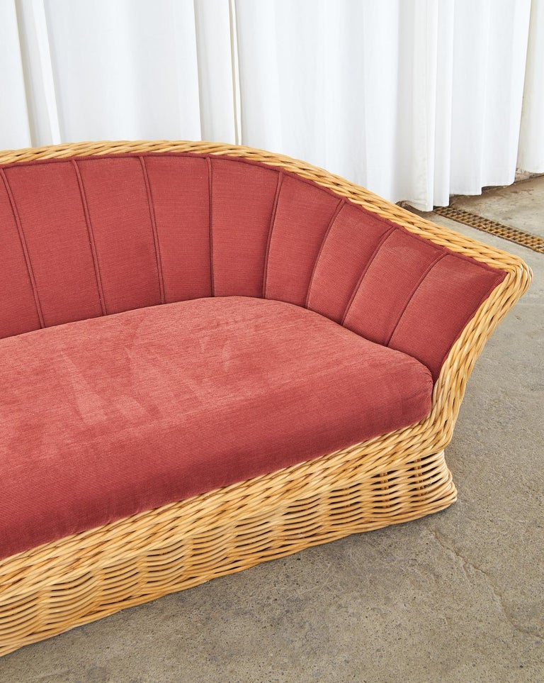 Michael Taylor Style Woven Rattan Sofa and Matching Ottomans For Sale 4