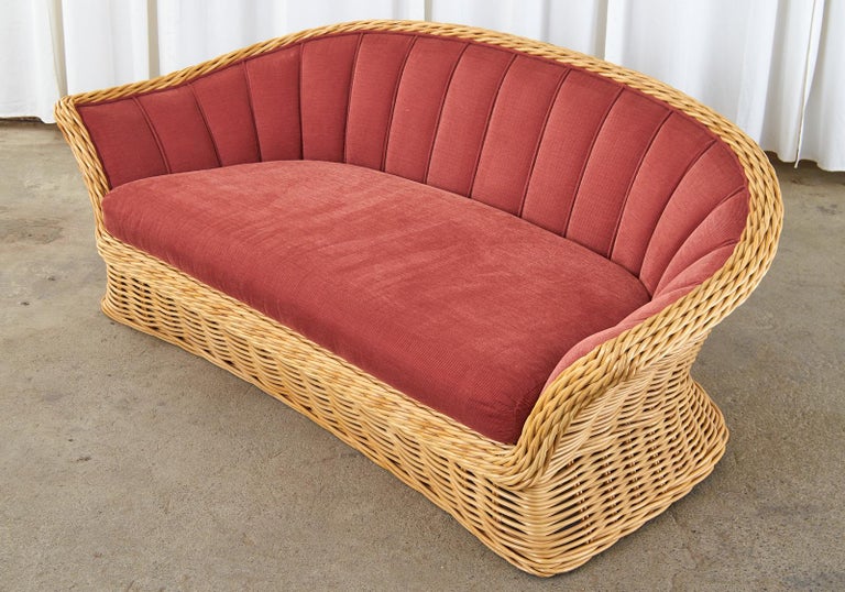 Michael Taylor Style Woven Rattan Sofa and Matching Ottomans For Sale 11