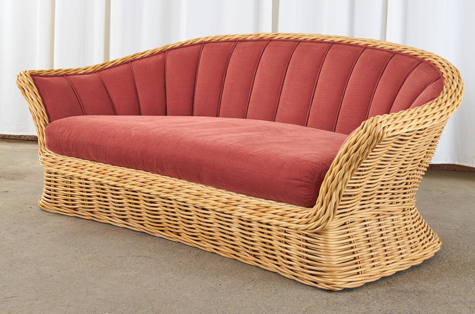 Hand-Crafted Michael Taylor Style Woven Rattan Sofa and Matching Ottomans For Sale