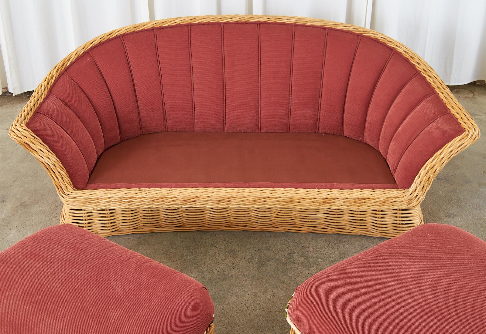 Fabric Michael Taylor Style Woven Rattan Sofa and Matching Ottomans