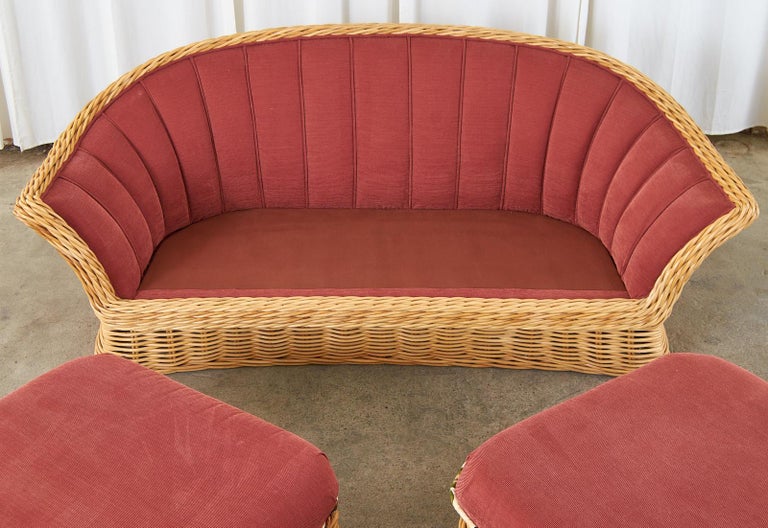 Fabric Michael Taylor Style Woven Rattan Sofa and Matching Ottomans For Sale