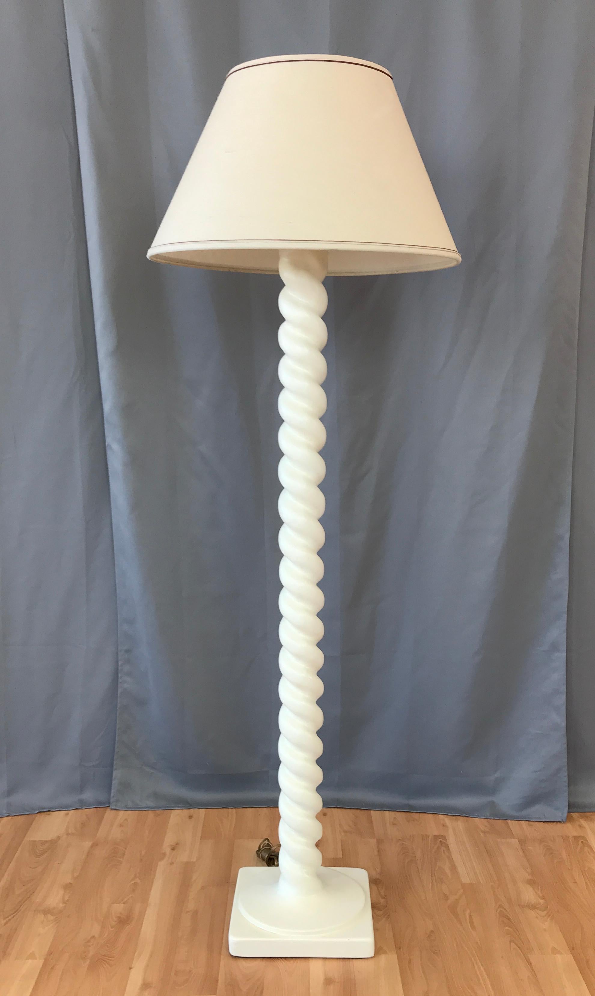 A classically chic tall spiral plaster floor lamp by Michael Taylor. 

Architectural and timeless, with sculptural corkscrew column that transition smoothly to perfectly proportioned base. 
Finished in satin eggshell lacquer. Has newer wiring.