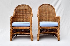 Michael Taylor Wicker Rattan Arm Chairs, Pair