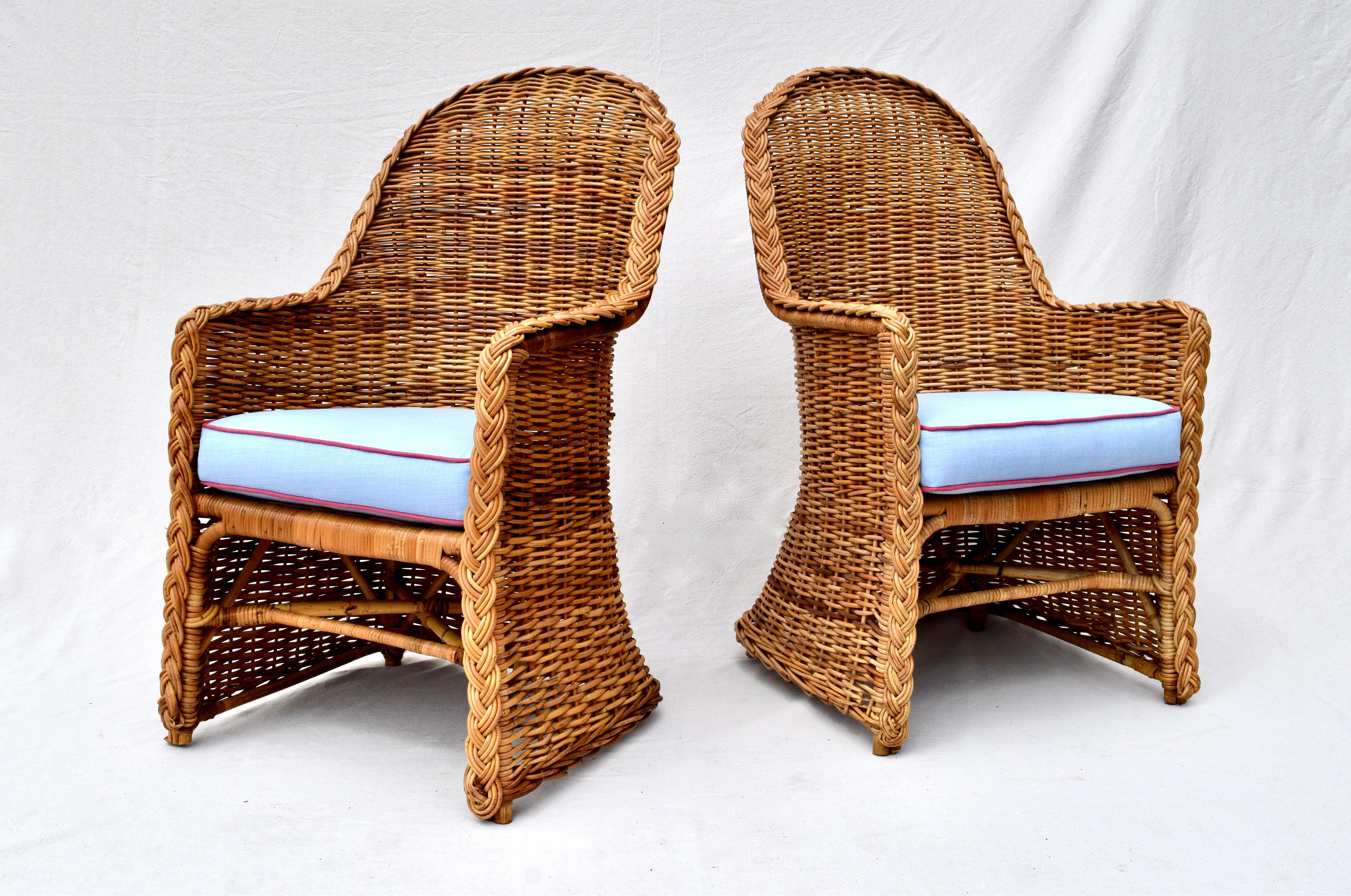 Organic Modern Michael Taylor Wicker Rattan Arm Chairs, Pair