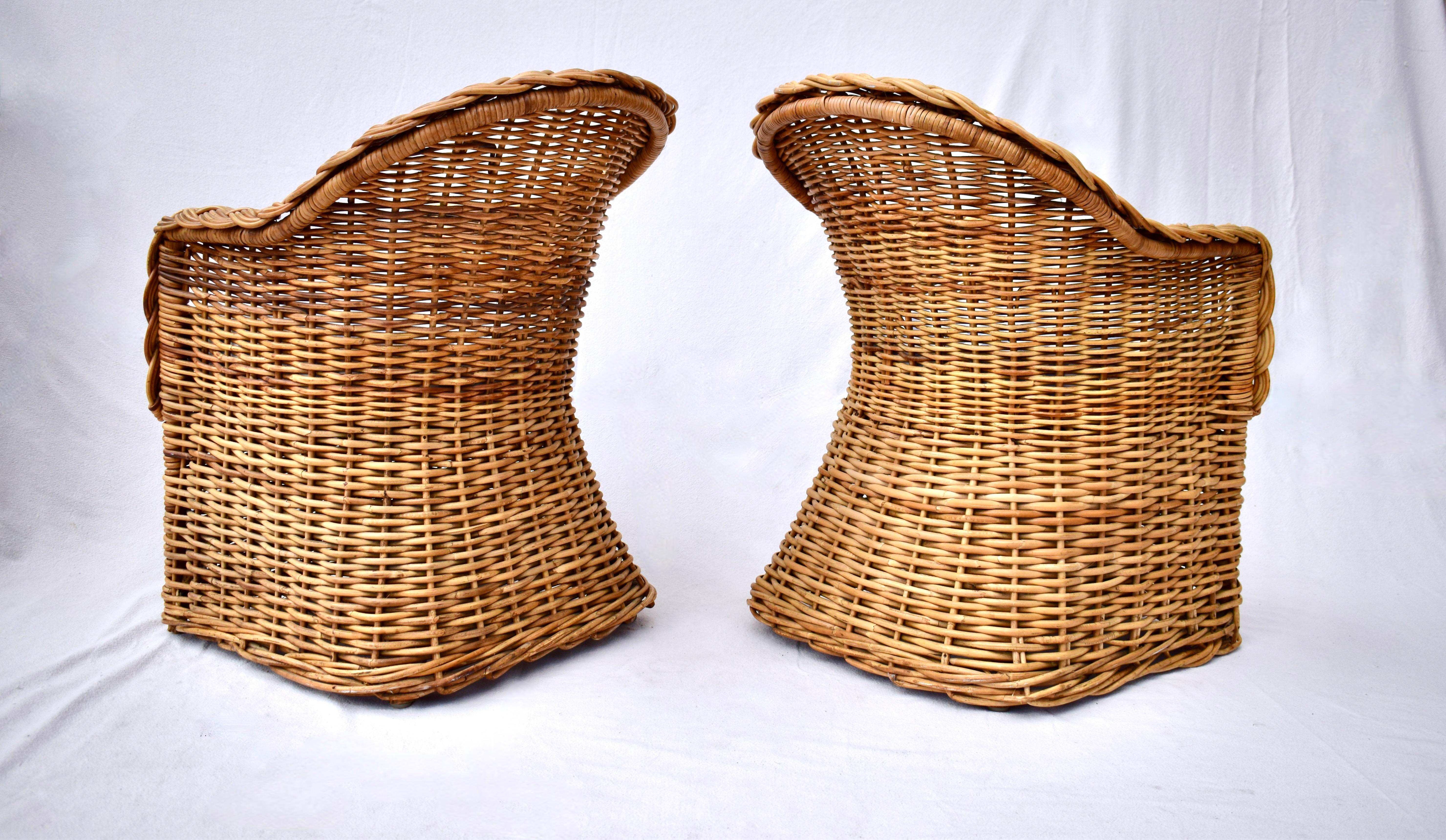 Organic Modern Michael Taylor Wicker Rattan Arm Chairs, Pair