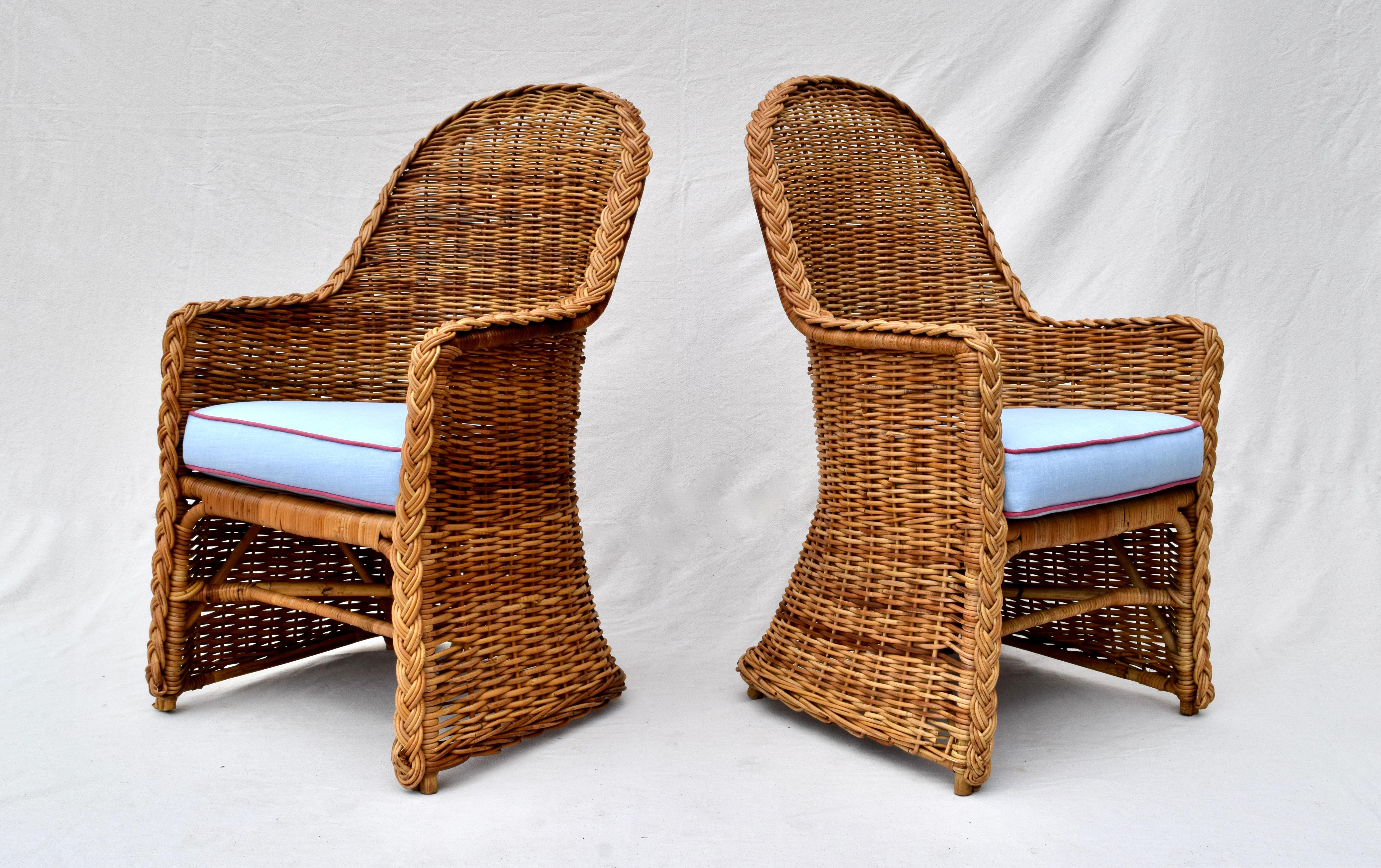 American Michael Taylor Wicker Rattan Arm Chairs, Pair