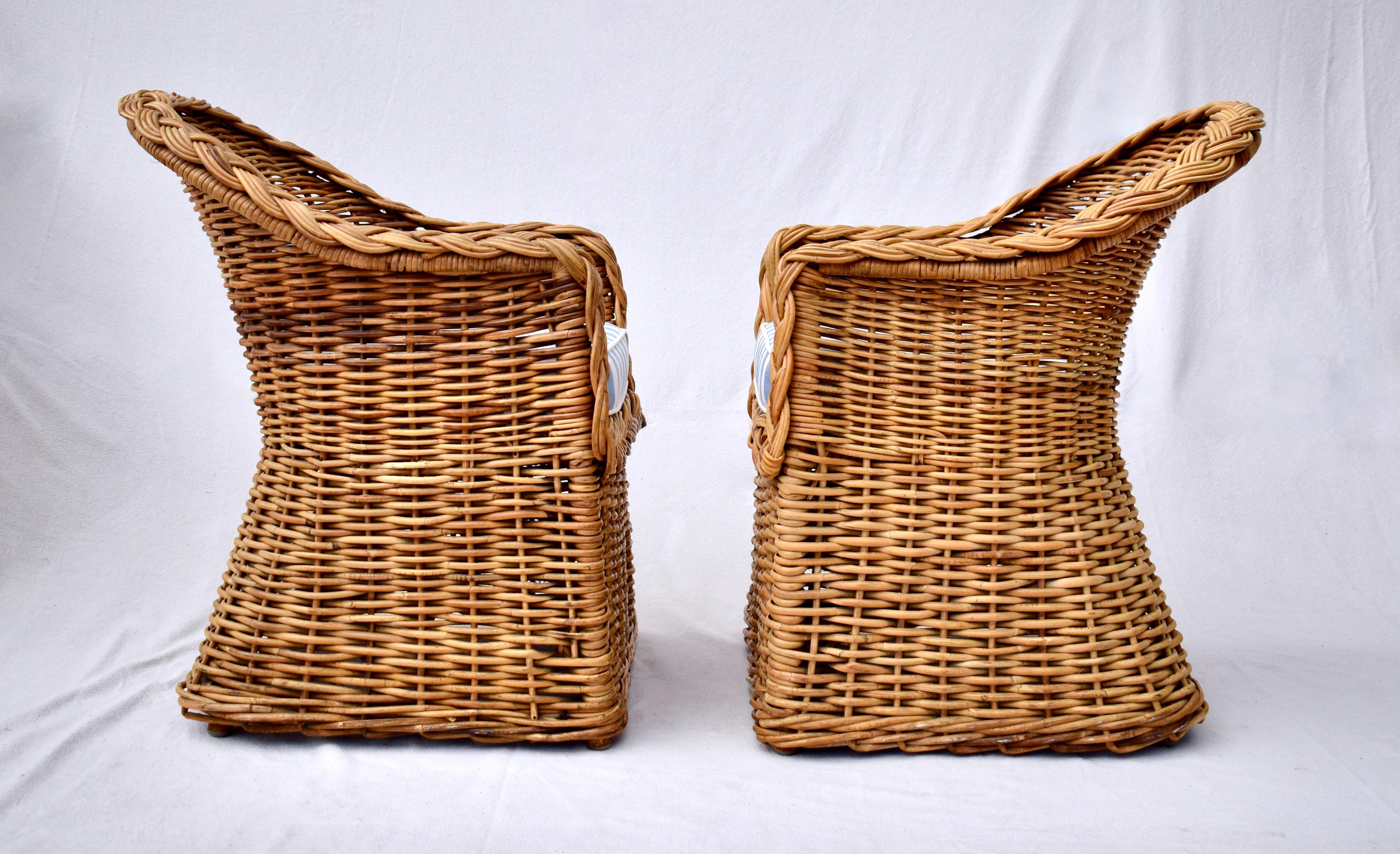 American Michael Taylor Wicker Rattan Arm Chairs, Pair