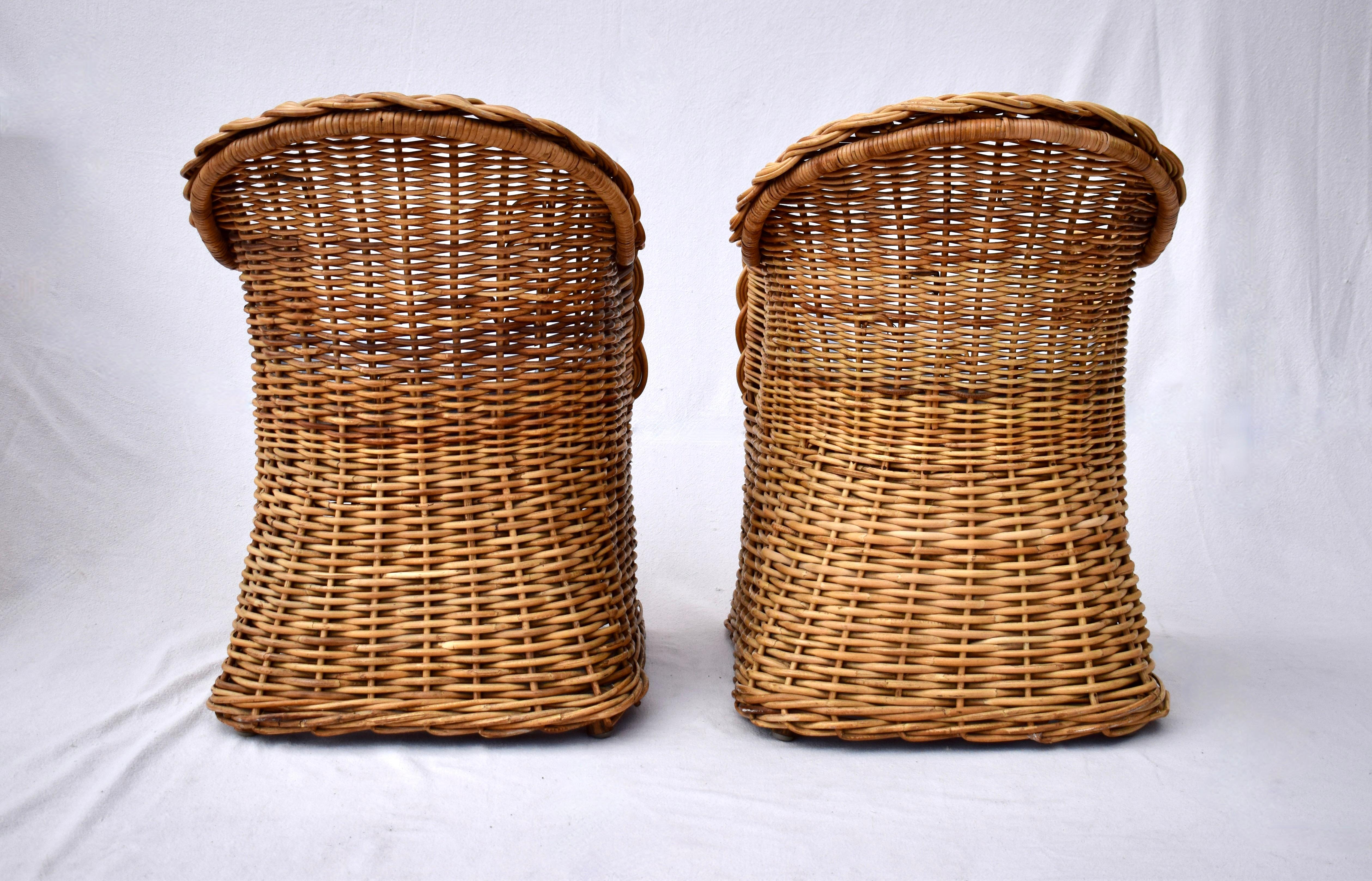 Michael Taylor Wicker Rattan Arm Chairs, Pair In Good Condition In Southampton, NJ
