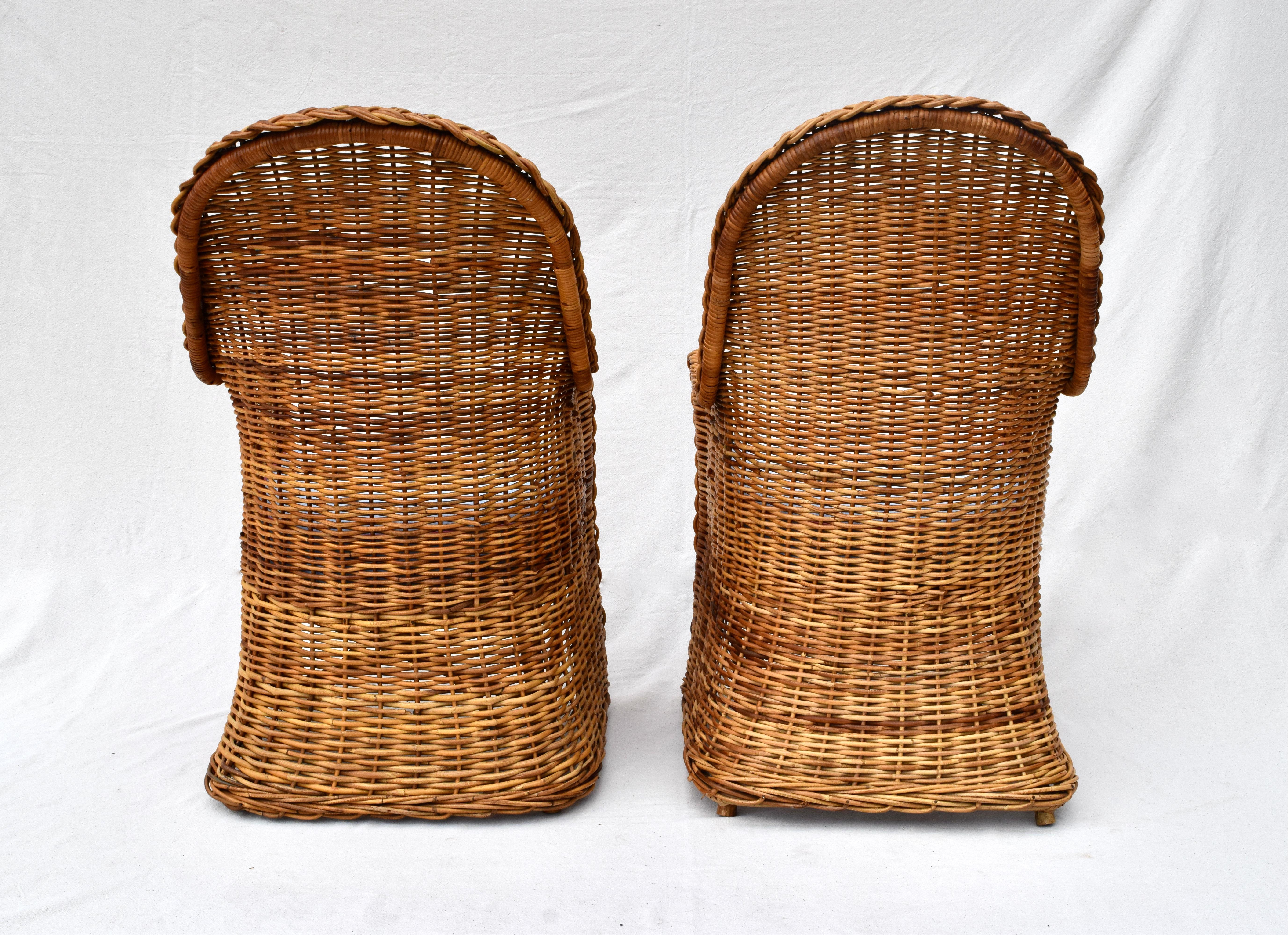 Mid-20th Century Michael Taylor Wicker Rattan Arm Chairs, Pair