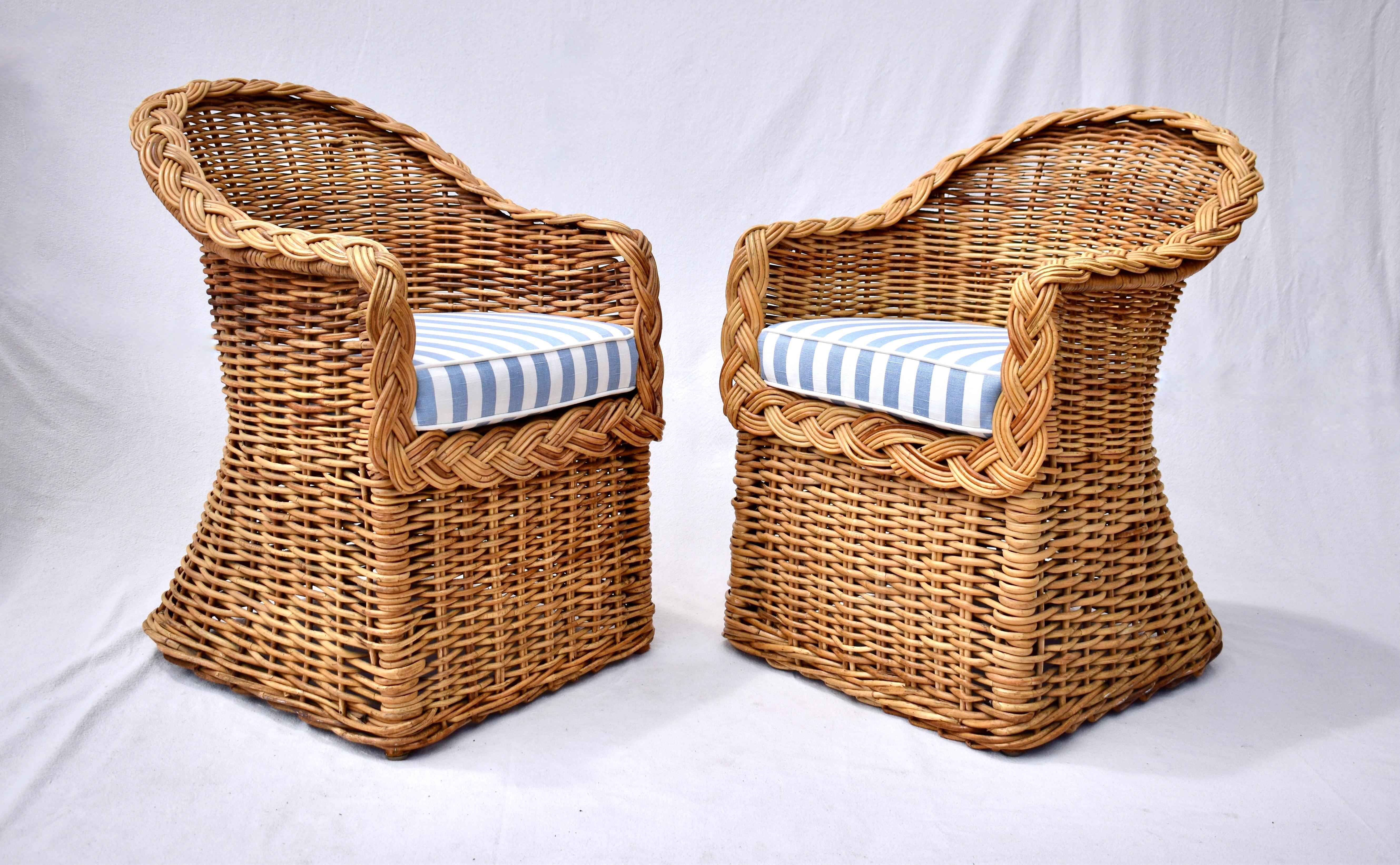 20th Century Michael Taylor Wicker Rattan Arm Chairs, Pair