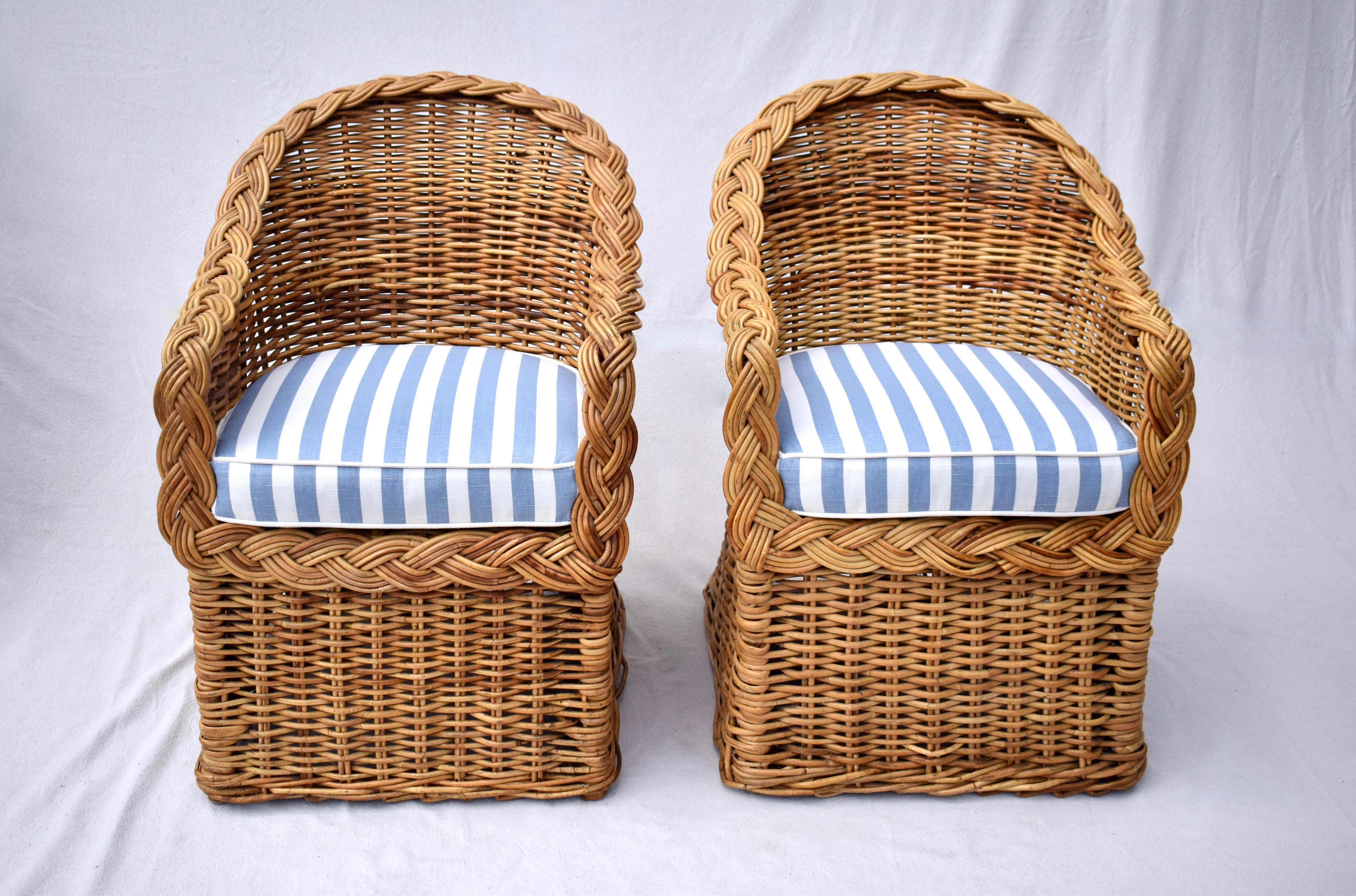 Cotton Michael Taylor Wicker Rattan Arm Chairs, Pair