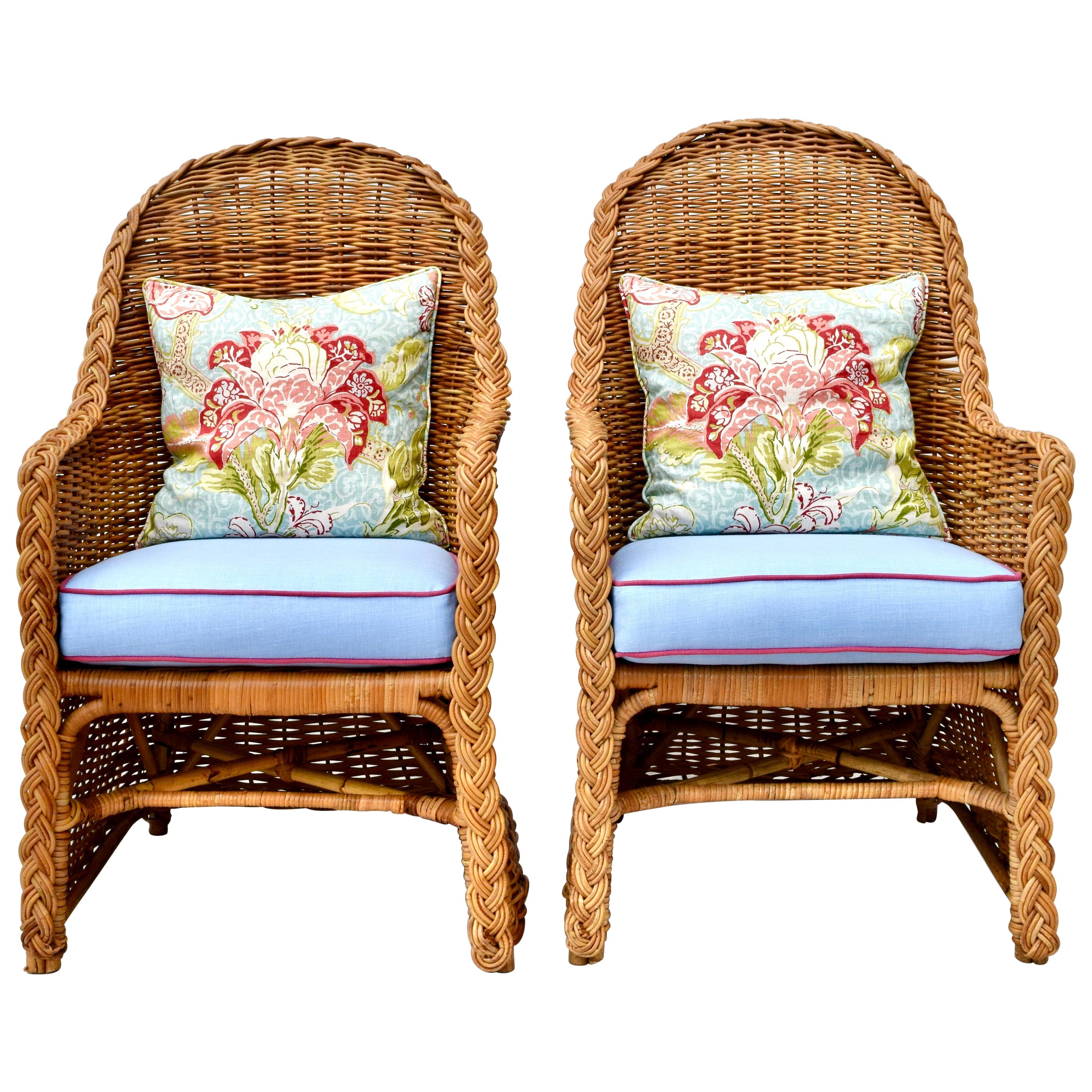 Michael Taylor Wicker Rattan Arm Chairs, Pair