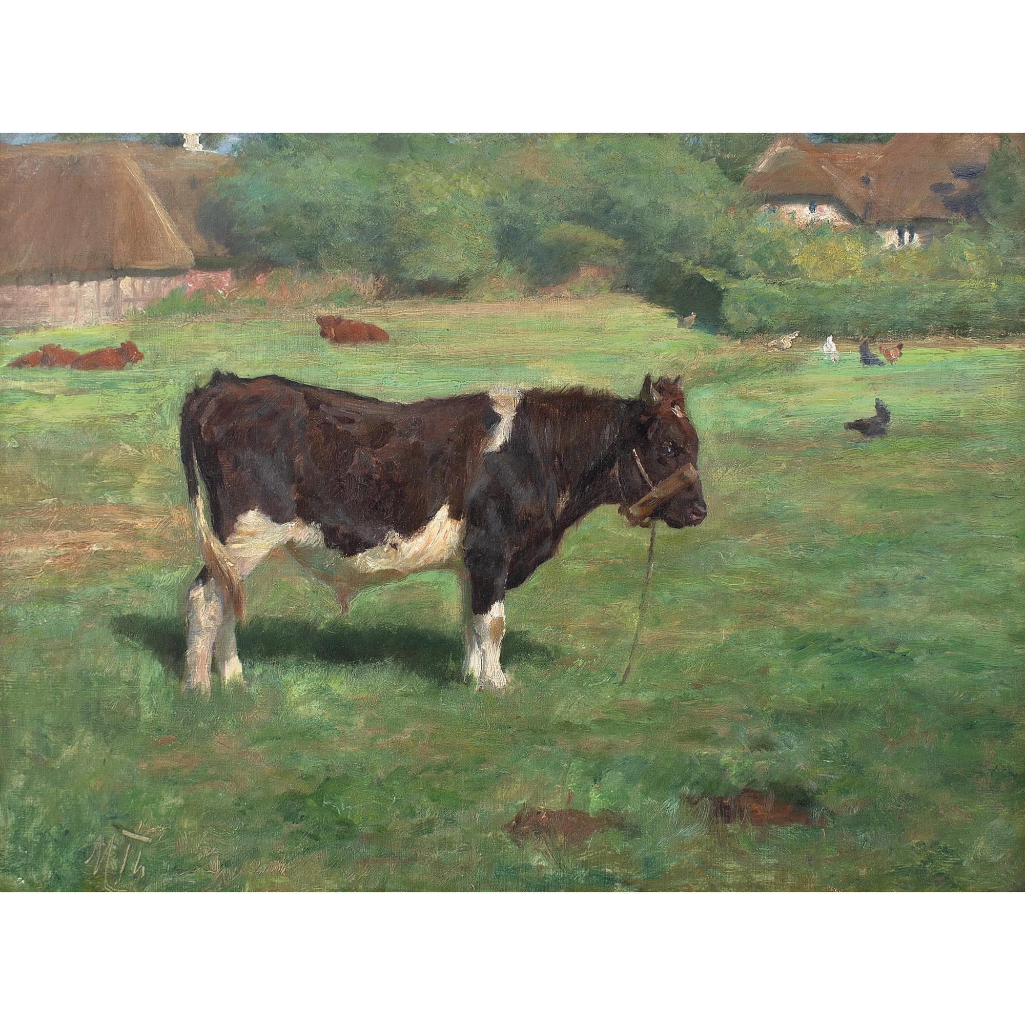 This early 20th-century oil painting by Danish artist Michael Therkildsen (1850-1925) depicts a rural landscape with a standing bull, resting cattle, chickens and thatched buildings. It’s skillfully rendered and demonstrates the artist’s keen