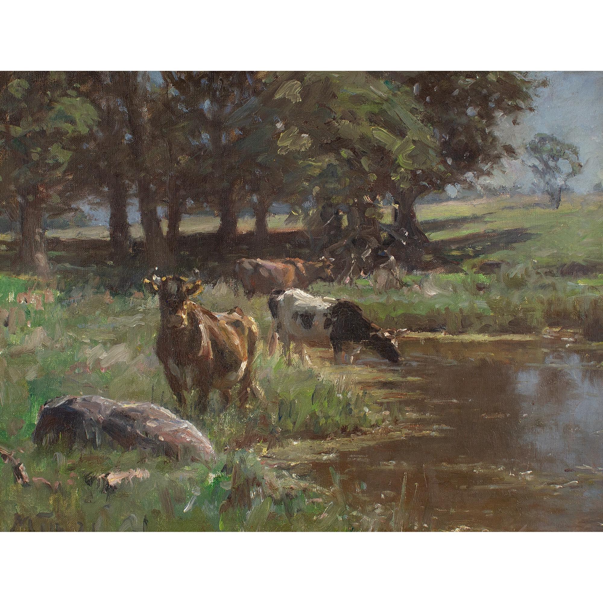 This early 20th-century oil painting by accomplished Danish artist Michael Therkildsen (1850-1925) depicts a pastoral landscape with cattle and pond.

Cows gather by a shimmering pond akin to three weary old friends under the scorching glow of