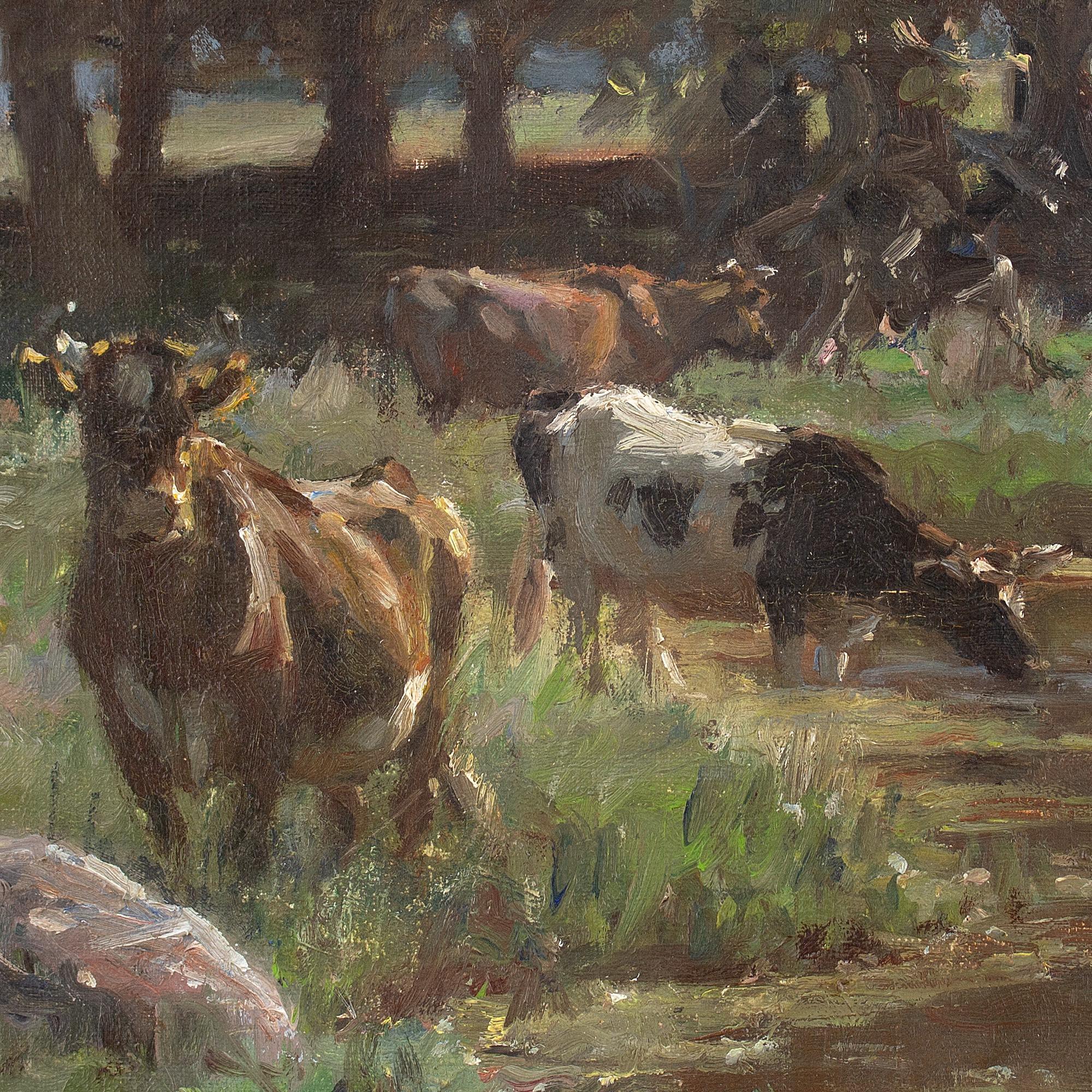 Michael Therkildsen, Pastoral Landscape With Cattle & Pond, Antique Oil Painting 3