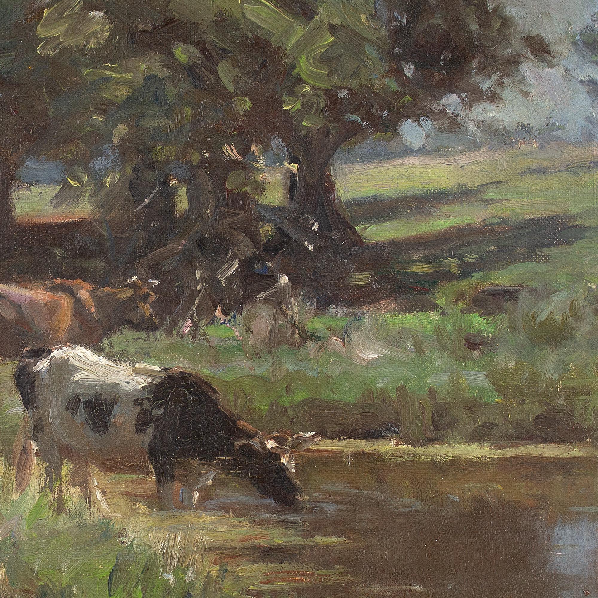 Michael Therkildsen, Pastoral Landscape With Cattle & Pond, Antique Oil Painting 4