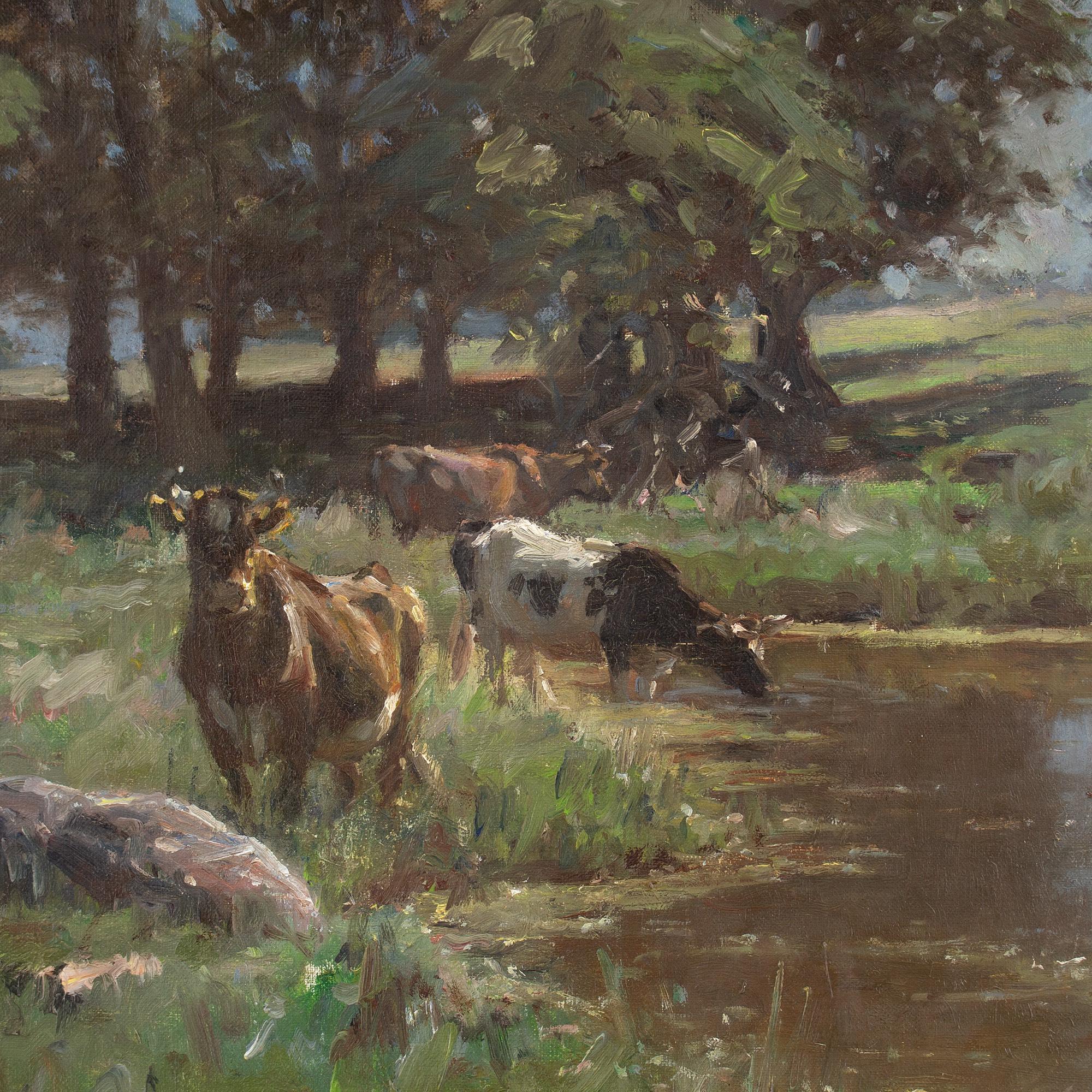 Michael Therkildsen, Pastoral Landscape With Cattle & Pond, Antique Oil Painting 6
