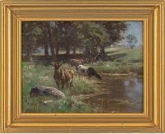 Michael Therkildsen, paysage pastoral avec bétail et étang, peinture à l'huile ancienne