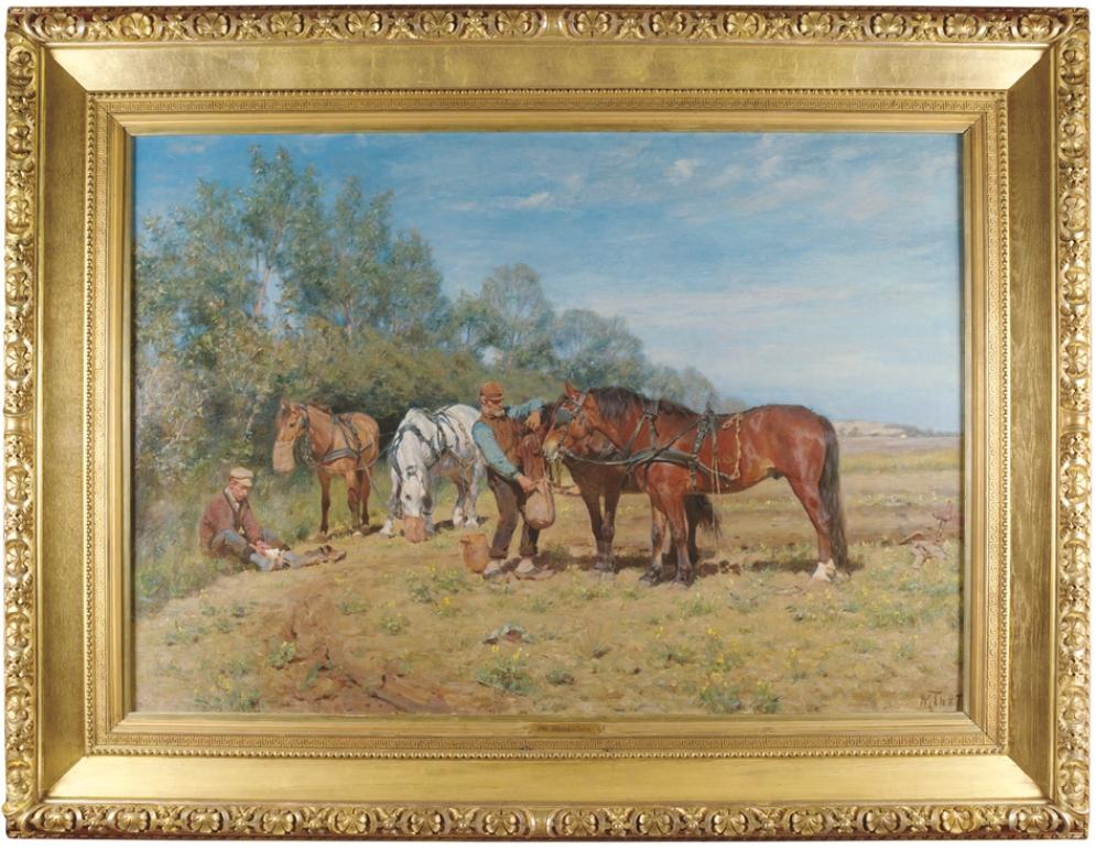 Ploughmen and their Horses, oil on canvas Monogrammed M.TH and dated 1887 - Painting by Michael Therkildsen