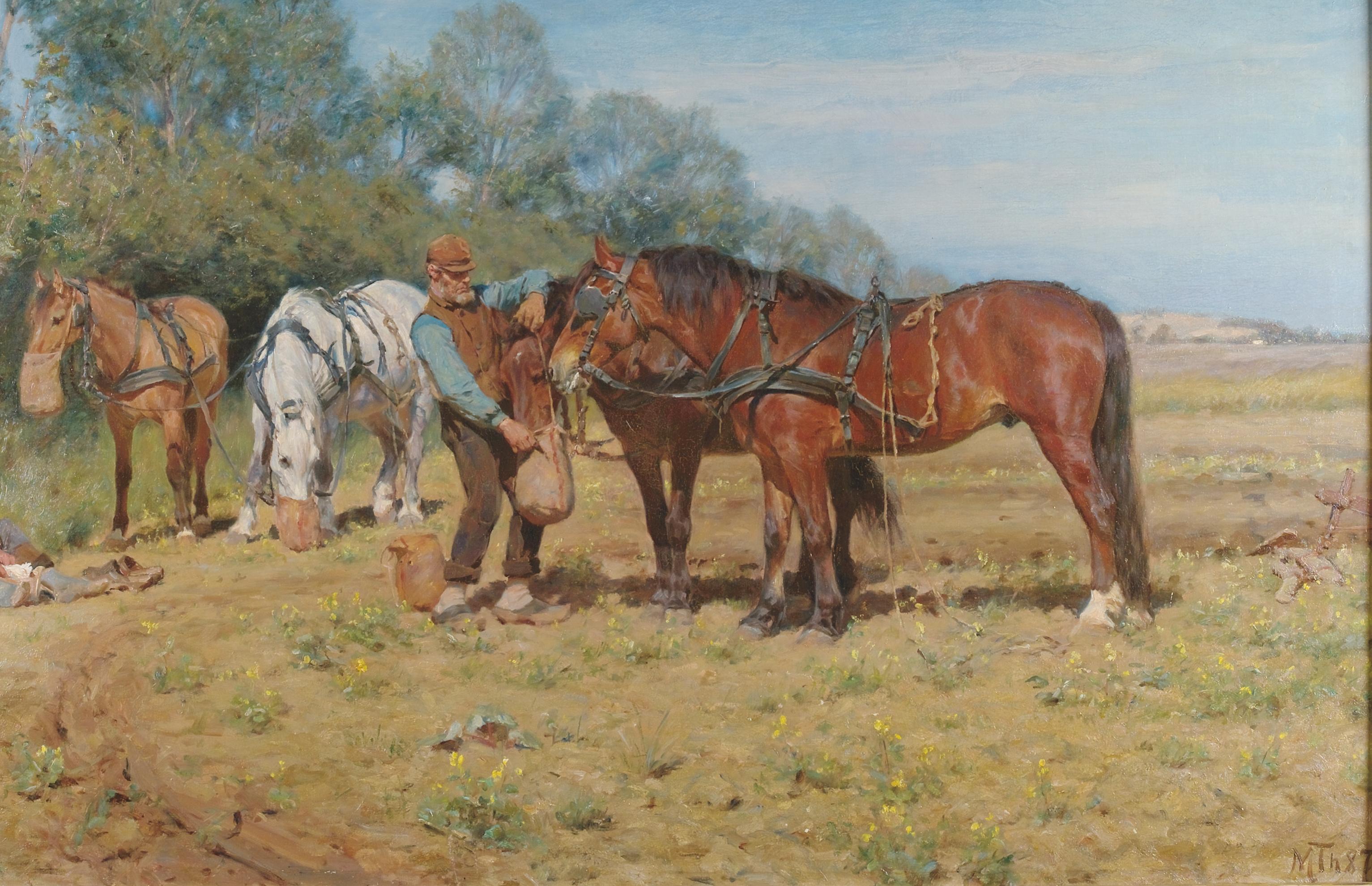 Gli aratori e i loro cavalli, olio su tela Monogrammato M.A. Theirs e datato 1887 - Painting Scuola di Barbizon di Michael Therkildsen