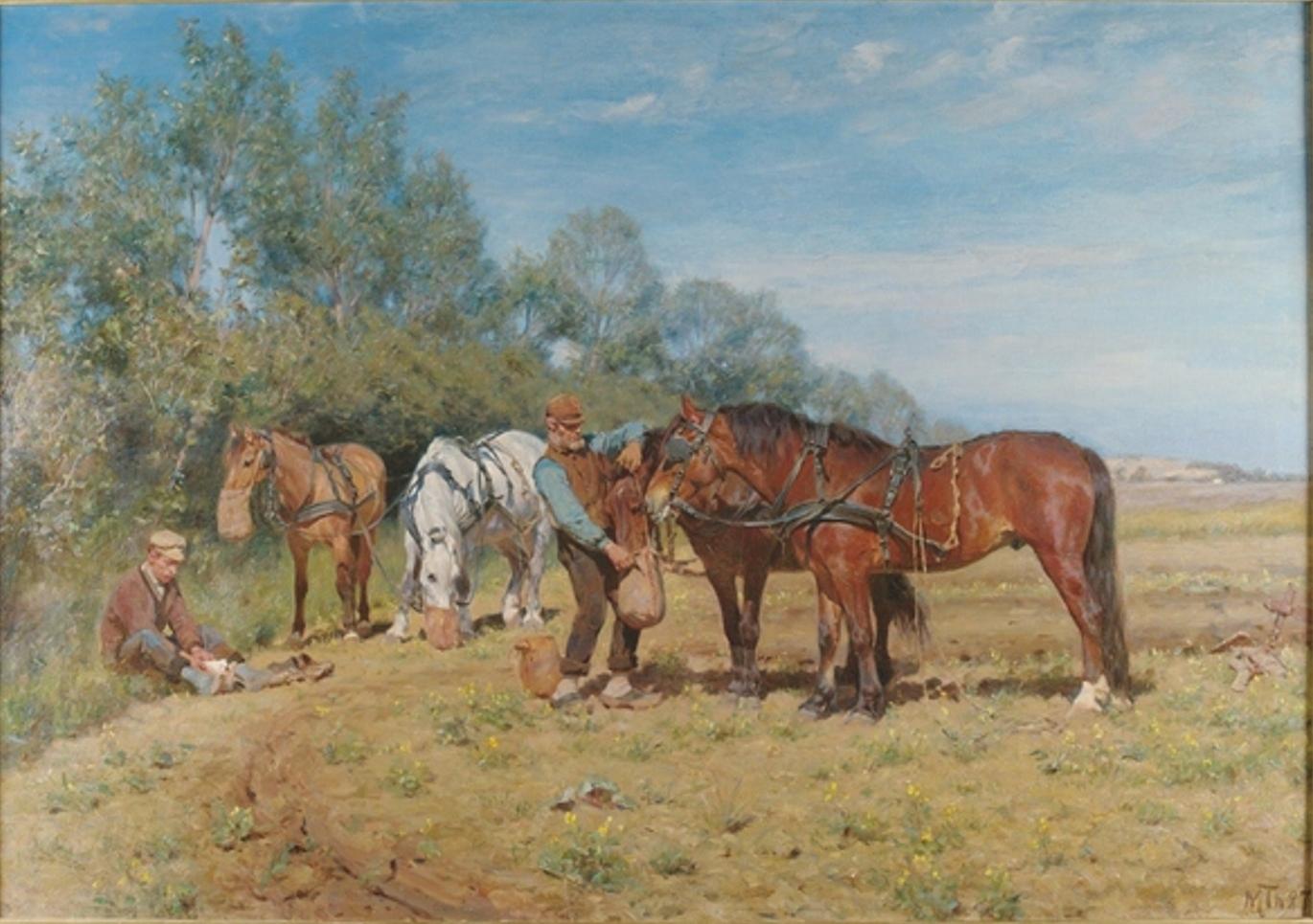 Michael Therkildsen Animal Painting - Ploughmen and their Horses, oil on canvas Monogrammed M.TH and dated 1887