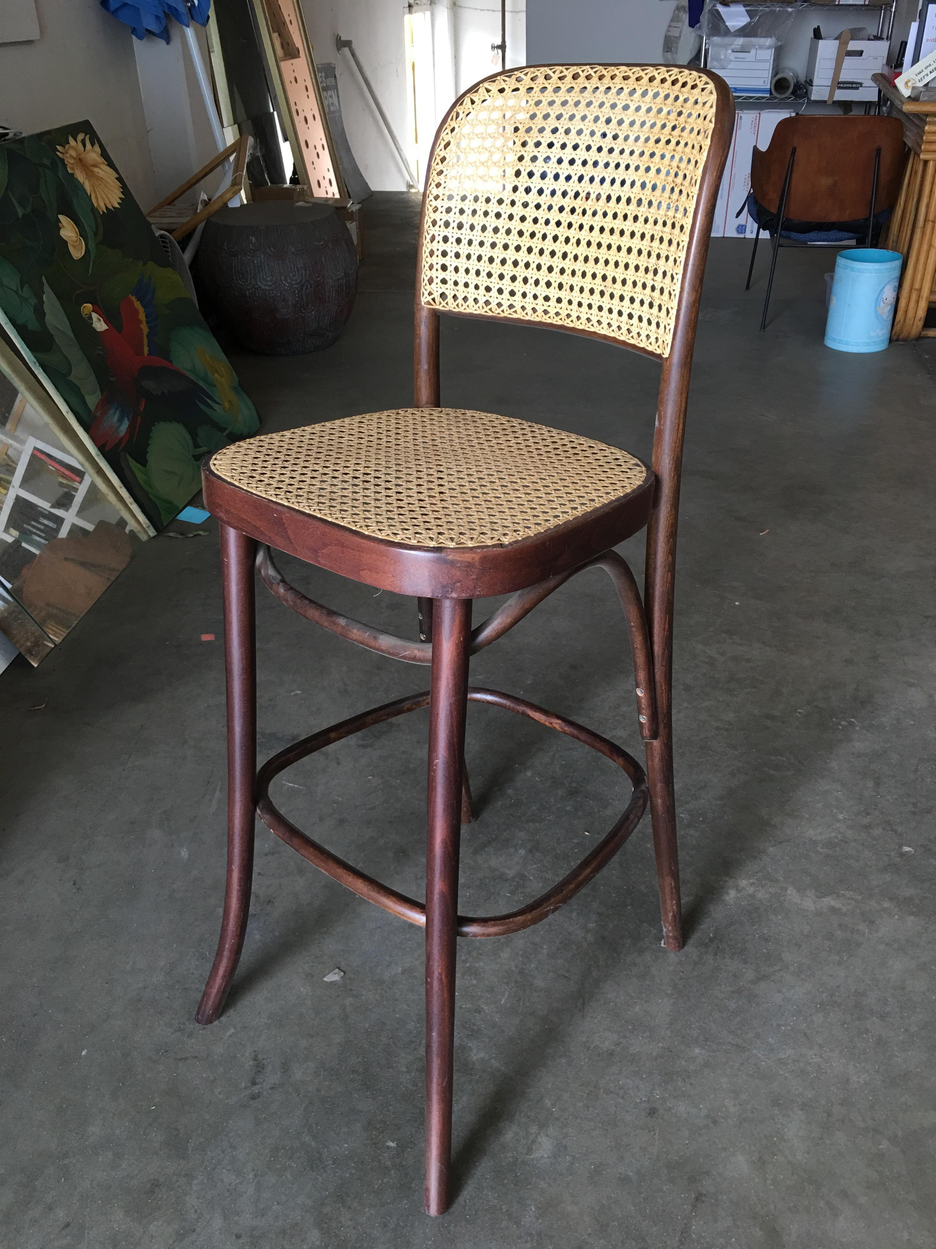 Thonet Number 811 Bentwood Bar Stool w/ Wicker Seat, Set of Four In Excellent Condition In Van Nuys, CA