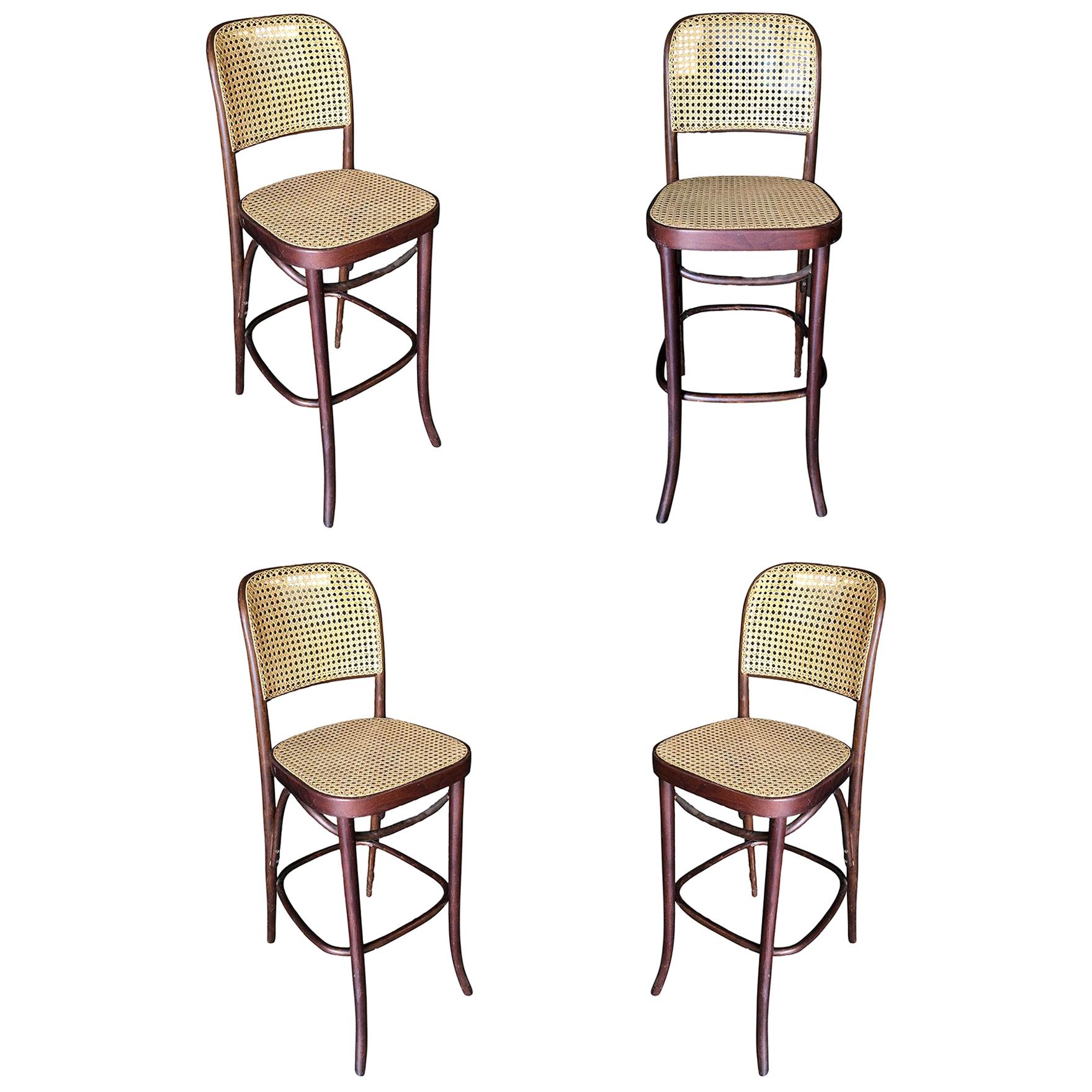Thonet Number 811 Bentwood Bar Stool w/ Wicker Seat, Set of Four