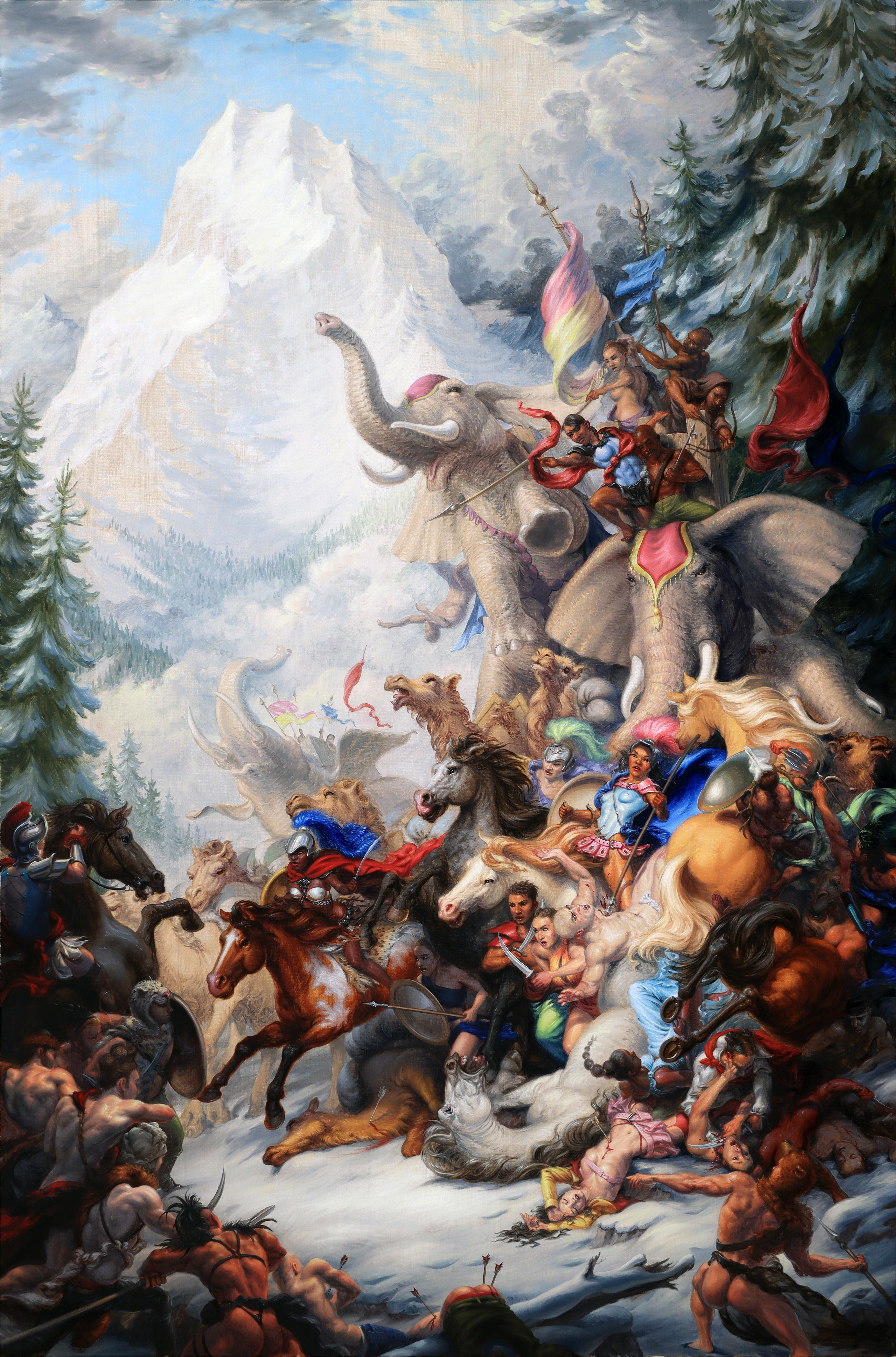 Michael Tole Figurative Painting - Hannah Belle's Army Harrassed By Alpine Tribesmen