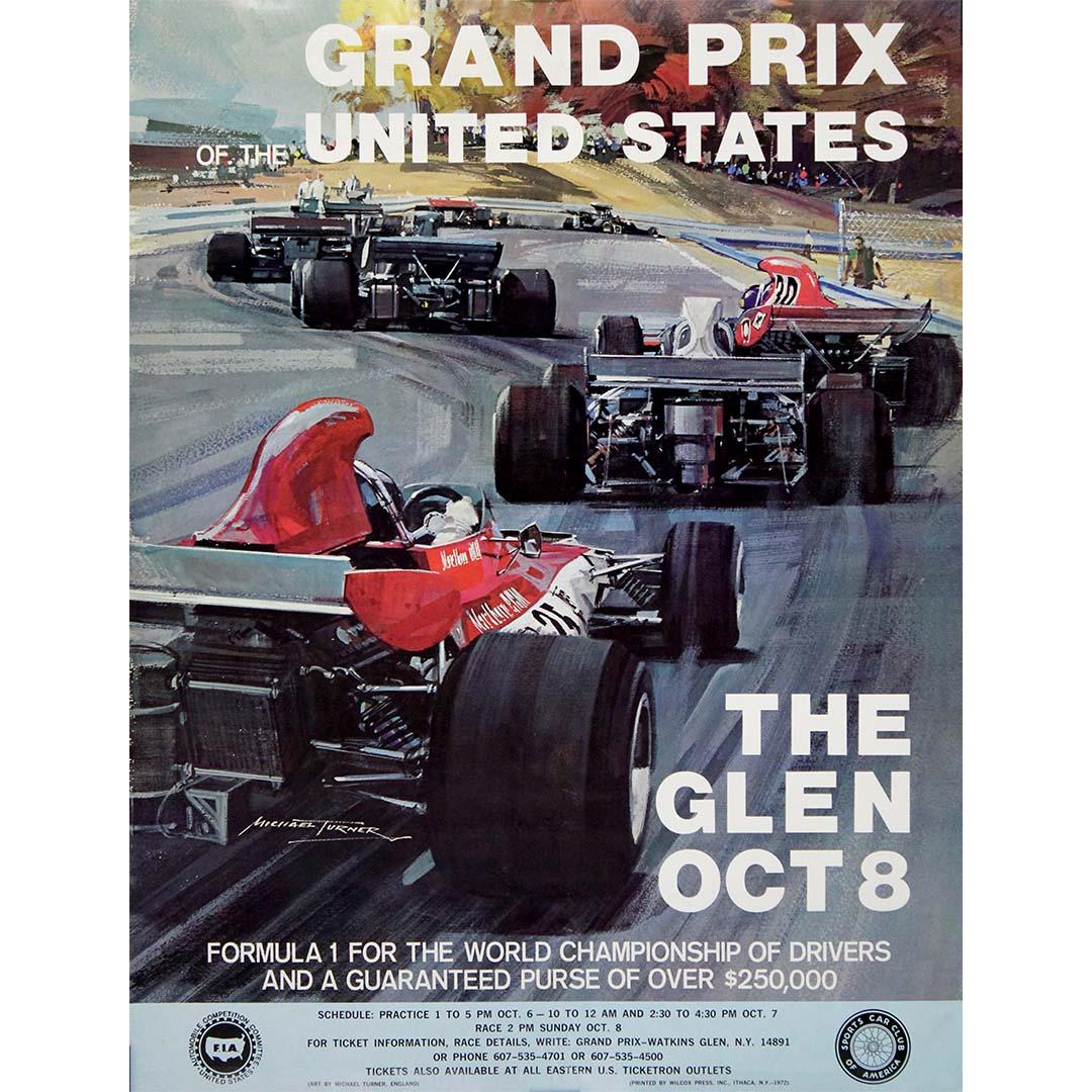 Affiche originale de 1972 de Michael Turner Grand Prix des États-Unis à Watkins Glen