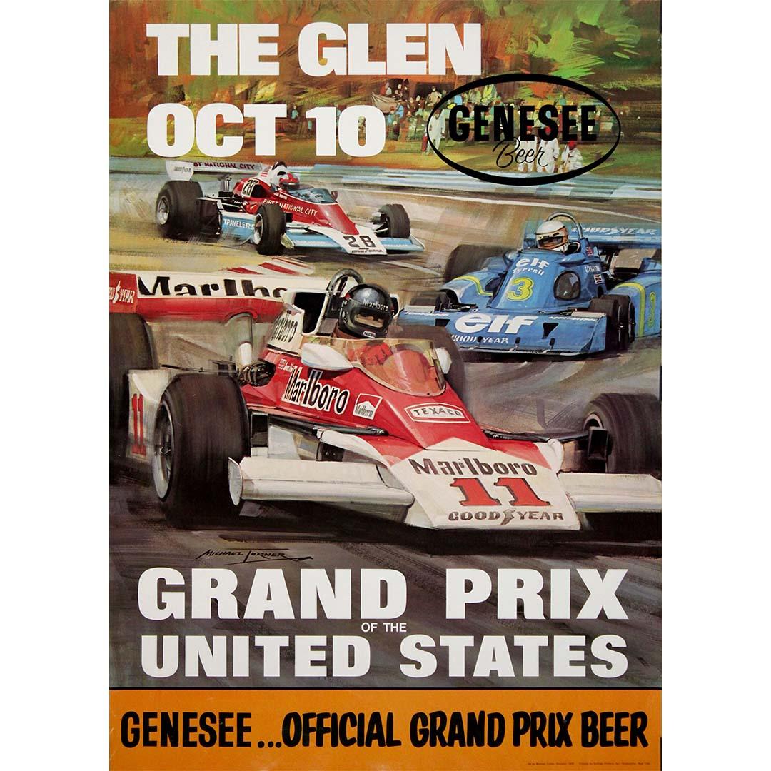 This&nbsp;original 1976 motorsport poster by Michael Turner, titled The Glen – Grand Prix of the United States, was created to promote the Formula One race held at Watkins Glen, New York. Produced in association with Genesee Beer, presented as the