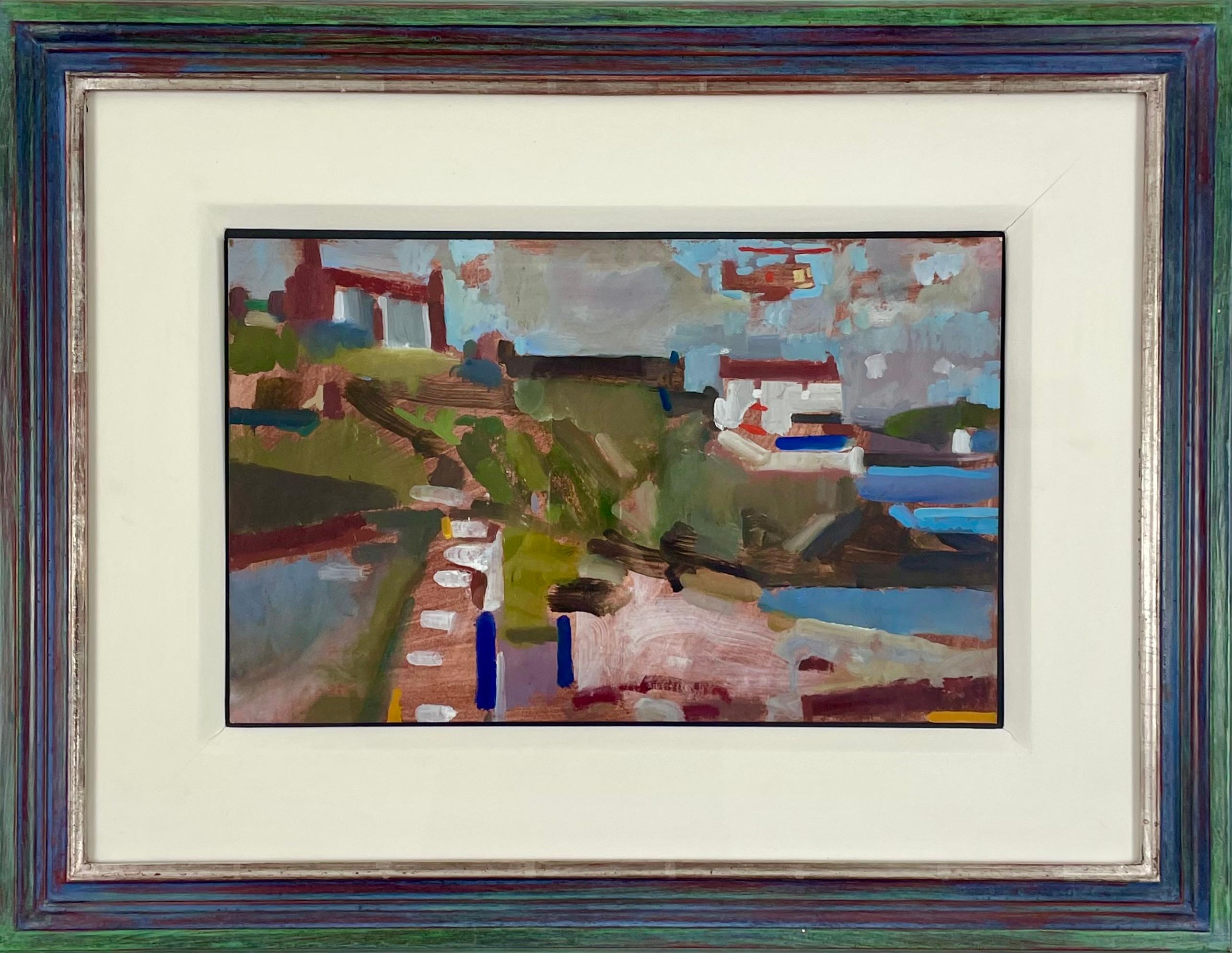Michael Upton, Brite 1938-2002, Öl auf Karton, Landschaft in Cornwall mit Hubschrauber ist ein großartiges Beispiel für Uptons Werk, das er in den letzten Jahrzehnten seines Lebens malte, als er nach Cornwall zog. 
Dieses Werk wurde zwischen dem 2.