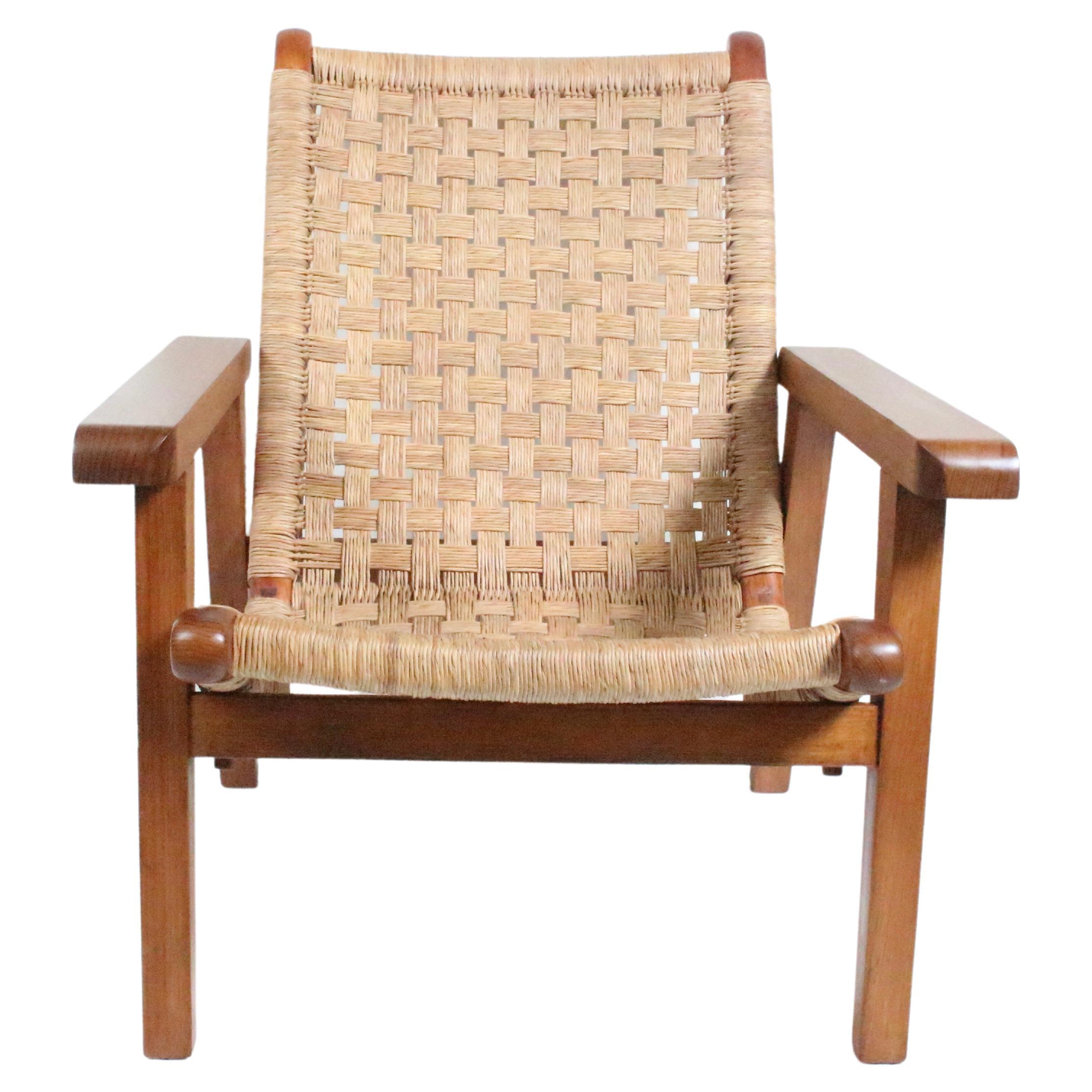 Michael van Beuren Bauhaus Teak and Raffia Lounge Chair, circa 1940